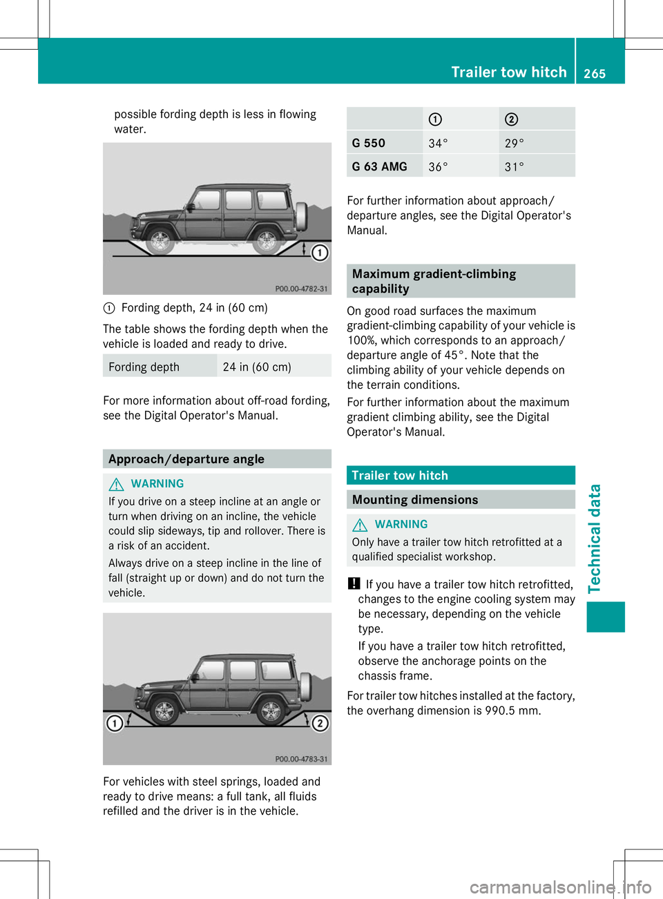 MERCEDES-BENZ G-CLASS SUV 2014 Owners Manual possible fording depth is less in flowing
water.
:
Fording depth, 24 in (60 cm)
The table shows the fording depth when the
vehicle is loaded and ready to drive. Fording depth 24 in (60 cm)
For more in MERCEDES-BENZ G-CLASS SUV 2014 Owners Manual possible fording depth is less in flowing
water.
:
Fording depth, 24 in (60 cm)
The table shows the fording depth when the
vehicle is loaded and ready to drive. Fording depth 24 in (60 cm)
For more in