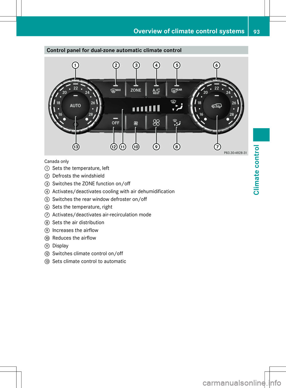 MERCEDES-BENZ G-CLASS SUV 2014 Owners Manual Control panel for dual-zone automatic climate control
Canada only
:
Sets the temperature, left
; Defrosts the windshield
= Switches the ZONE function on/off
? Activates/deactivates cooling with air de MERCEDES-BENZ G-CLASS SUV 2014 Owners Manual Control panel for dual-zone automatic climate control
Canada only
:
Sets the temperature, left
; Defrosts the windshield
= Switches the ZONE function on/off
? Activates/deactivates cooling with air de