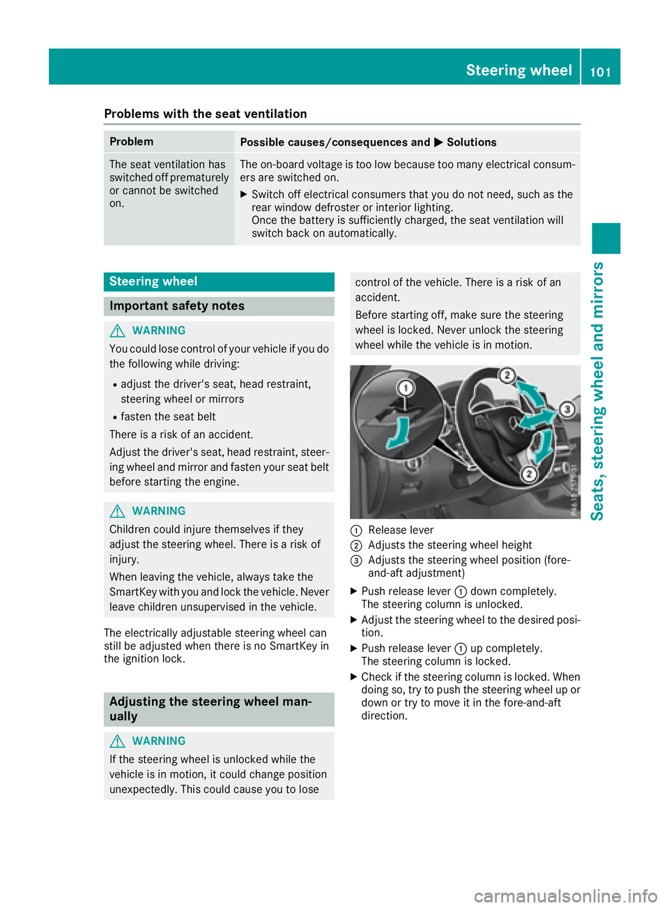 MERCEDES-BENZ GLE-CLASS COUPE 2016  Owners Manual Problems with the seat ventilation
ProblemPossible causes/consequences andMSolutions
The seat ventilation has
switched off prematurely
or cannot be switched
on.The on-board voltage is too low because  MERCEDES-BENZ GLE-CLASS COUPE 2016  Owners Manual Problems with the seat ventilation
ProblemPossible causes/consequences andMSolutions
The seat ventilation has
switched off prematurely
or cannot be switched
on.The on-board voltage is too low because