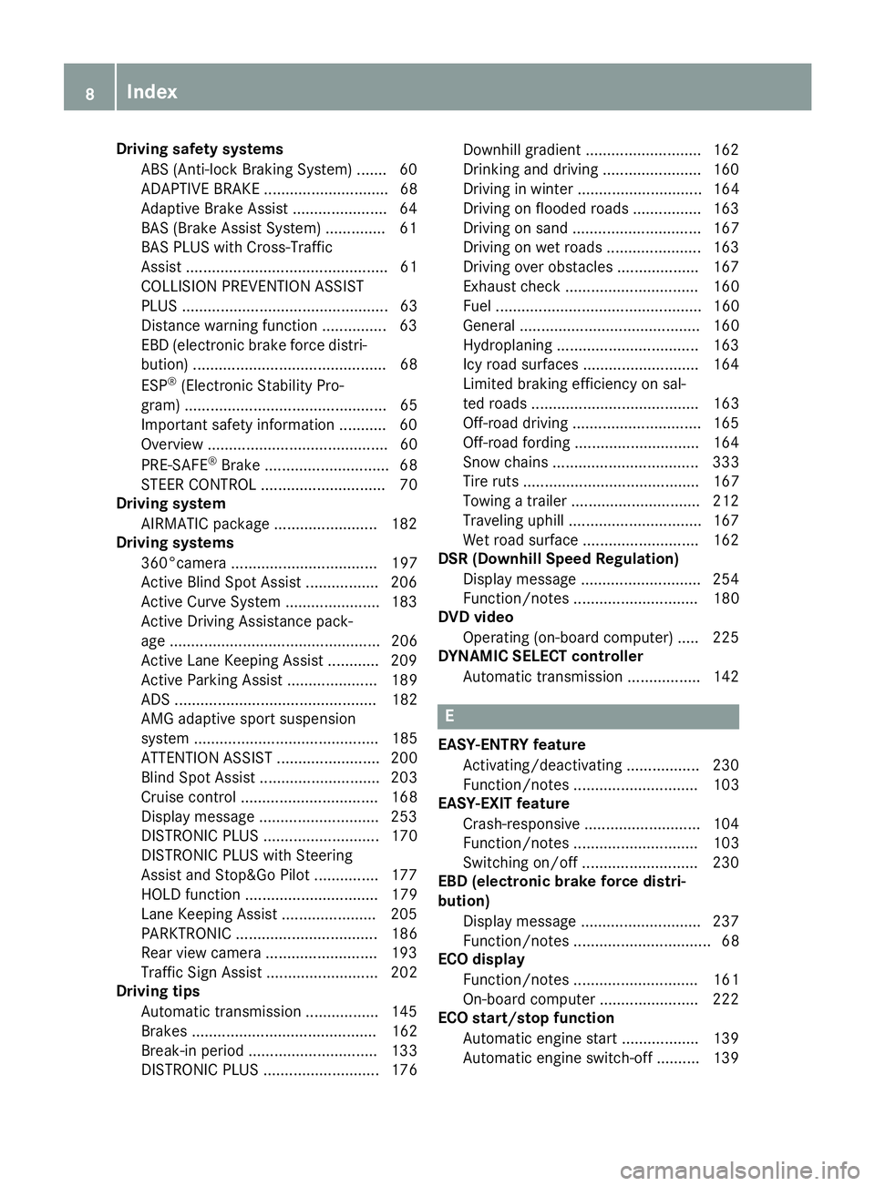 MERCEDES-BENZ GLE-CLASS COUPE 2016  Owners Manual Driving safetysystems
AB S(Anti-loc kBraking System) ...... .60
ADAPTIVE BRAKE ............................. 68
Adaptive Brake Assist ...................... 64
BAS (Brake Assist System) ..............