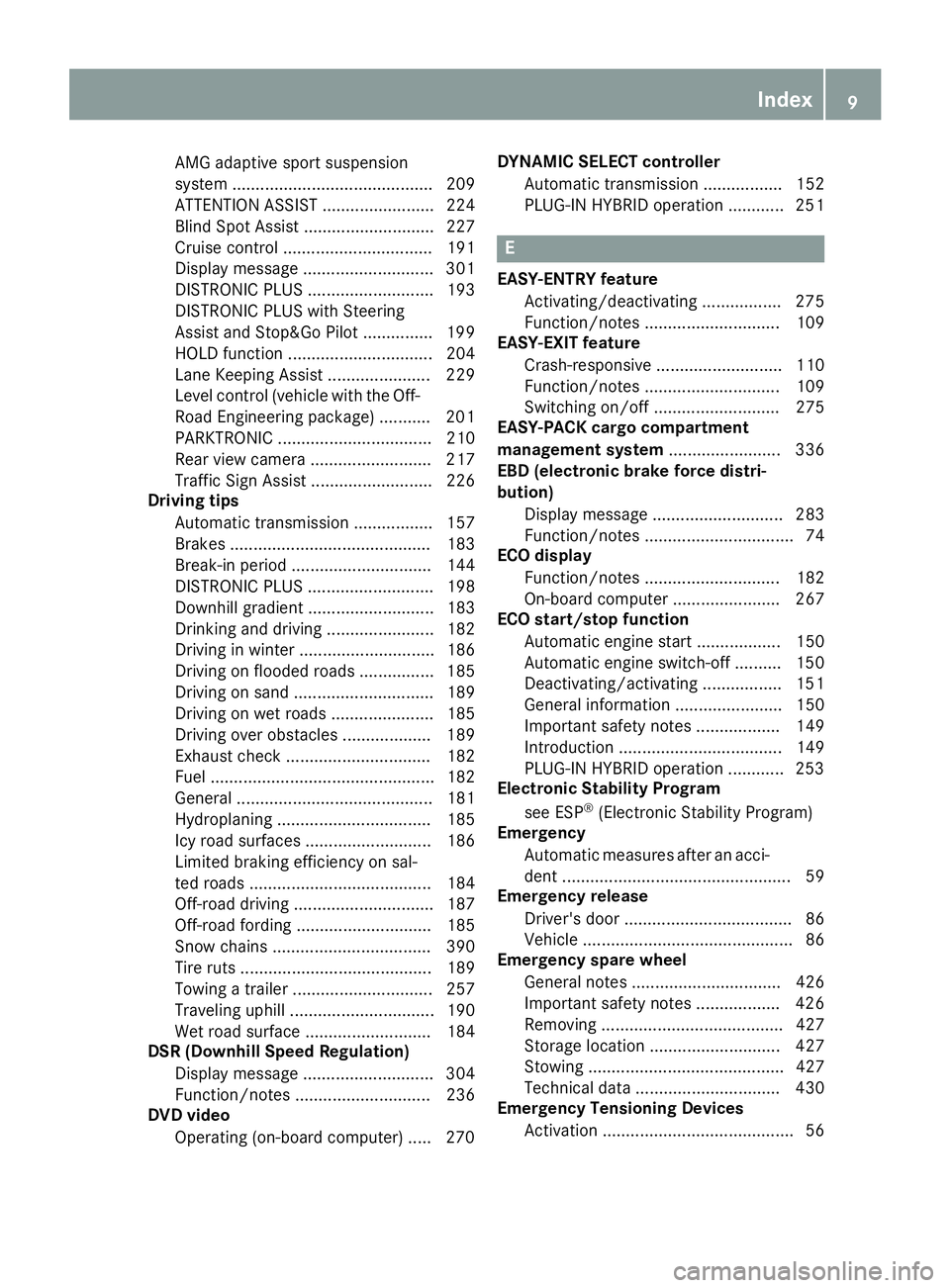 MERCEDES-BENZ GLE-CLASS SUV 2016  Owners Manual AMG adaptive sport suspension
system ........................................... 209
ATTENTION ASSIST ........................ 224
Blind Spot Assist ............................ 227
Cruise control ...