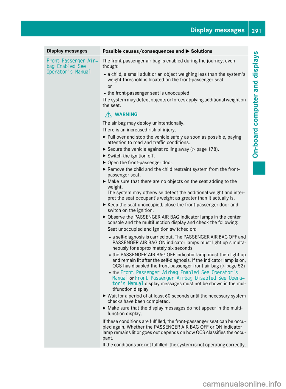 MERCEDES-BENZ GLE-CLASS SUV 2016 Owners Manual Display messagesPossible causes/consequences andMSolutions
FrontPassengerAir‐bag Enable dSeeOperator' sManual
The front-passenger air bag is enabled during th ejourney, eve n
though :
Rachild, a MERCEDES-BENZ GLE-CLASS SUV 2016 Owners Manual Display messagesPossible causes/consequences andMSolutions
FrontPassengerAir‐bag Enable dSeeOperator' sManual
The front-passenger air bag is enabled during th ejourney, eve n
though :
Rachild, a