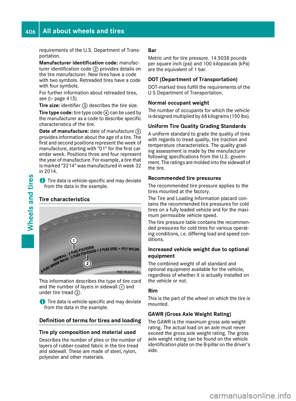 MERCEDES-BENZ GLE-CLASS SUV 2016 Owners Manual requirements of the U.S. Department of Trans-
portation.
Manufacturer identification code:manufac-
turer identification code ;provides details on
the tire manufacturer. New tires have a code
with two MERCEDES-BENZ GLE-CLASS SUV 2016 Owners Manual requirements of the U.S. Department of Trans-
portation.
Manufacturer identification code:manufac-
turer identification code ;provides details on
the tire manufacturer. New tires have a code
with two