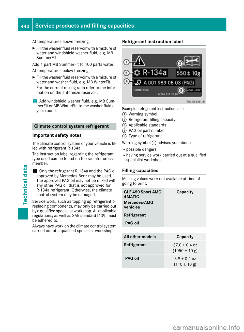 MERCEDES-BENZ GLE-CLASS SUV 2016  Owners Manual At temperatures above freezing:
XFill the washer fluid reservoir with a mixture of
water and windshield washer fluid, e.g. MB
SummerFit.
Add 1 part MB SummerFit to 100 parts water.
At temperatures bel