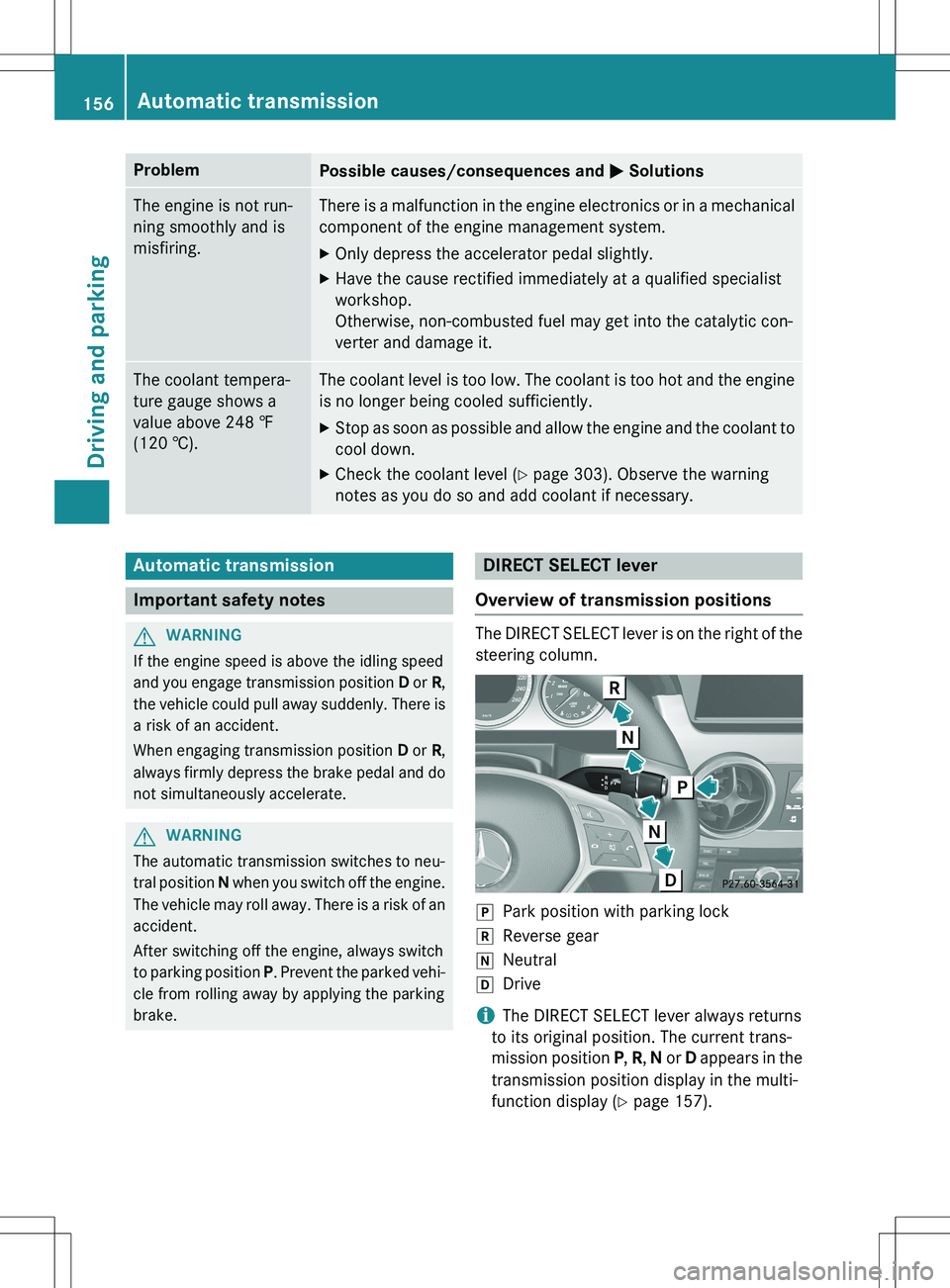 MERCEDES-BENZ GLK-CLASS SUV 2015 Owners Manual ProblemPossible causes/consequences and M Solutions
The engine is not run-
ning smoothly and is
misfiring.There is a malfunction in the engine electronics or in a mechanical
component of the engine MERCEDES-BENZ GLK-CLASS SUV 2015 Owners Manual ProblemPossible causes/consequences and M Solutions
The engine is not run-
ning smoothly and is
misfiring.There is a malfunction in the engine electronics or in a mechanical
component of the engine