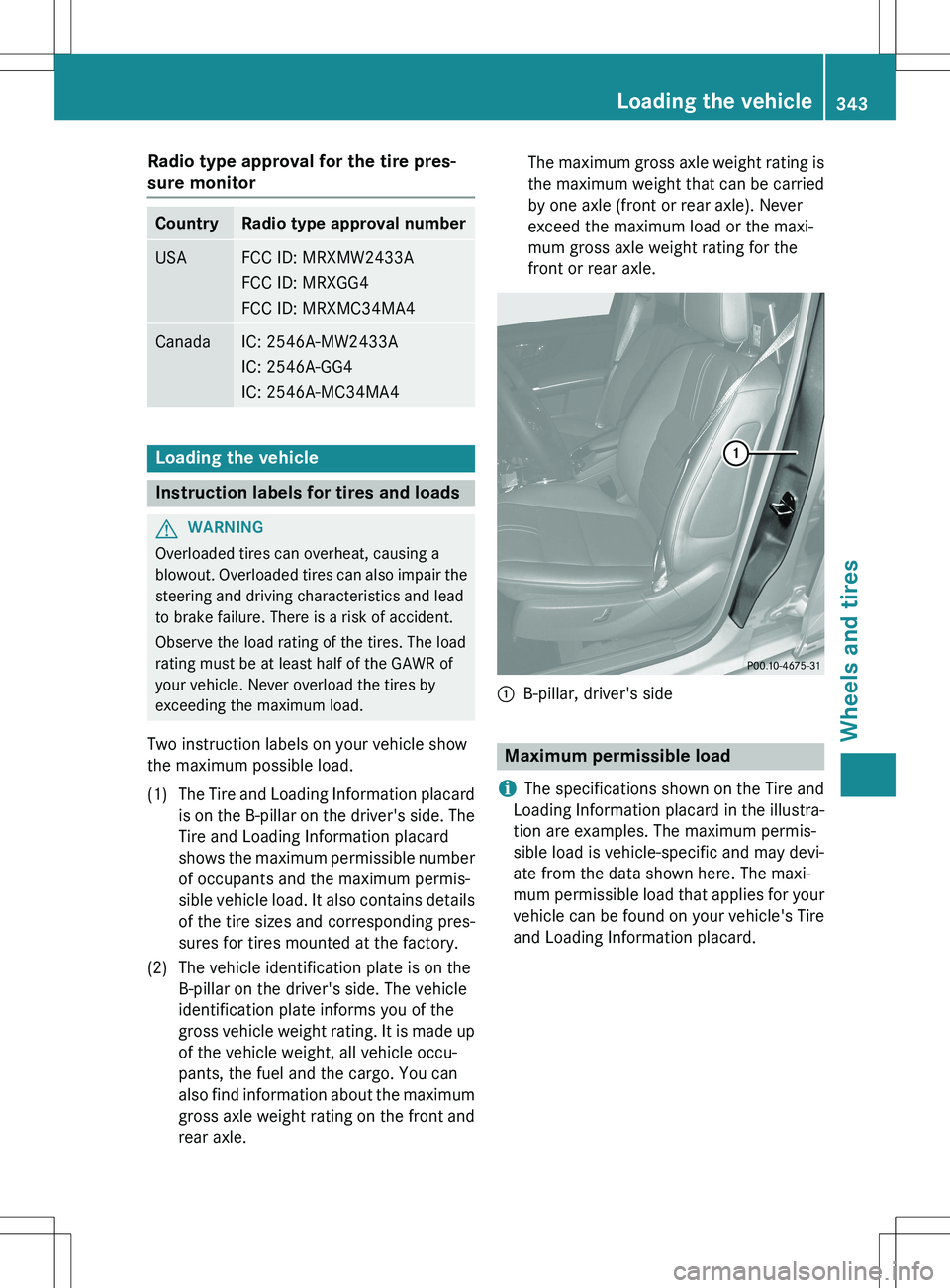 MERCEDES-BENZ GLK-CLASS SUV 2015 Owners Manual Radio type approval for the tire pres-
sure monitor
CountryRadio type approval number
USAFCC ID: MRXMW2433A
FCC ID: MRXGG4
FCC ID: MRXMC34MA4
CanadaIC: 2546A-MW2433A
IC: 2546A-GG4
IC: 2546A-MC34MA4 MERCEDES-BENZ GLK-CLASS SUV 2015 Owners Manual Radio type approval for the tire pres-
sure monitor
CountryRadio type approval number
USAFCC ID: MRXMW2433A
FCC ID: MRXGG4
FCC ID: MRXMC34MA4
CanadaIC: 2546A-MW2433A
IC: 2546A-GG4
IC: 2546A-MC34MA4