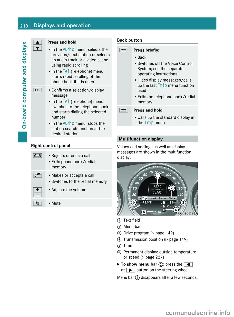 MERCEDES-BENZ GLK-CLASS SUV 2013 Owners Manual 0063
0064
Press and hold:
R
In the Audio menu: selects the
previous/next station or selects
an audio track or a video scene
using rapid scrolling
R In the Tel (Telephone) menu:
starts rapid scrollin MERCEDES-BENZ GLK-CLASS SUV 2013 Owners Manual 0063
0064
Press and hold:
R
In the Audio menu: selects the
previous/next station or selects
an audio track or a video scene
using rapid scrolling
R In the Tel (Telephone) menu:
starts rapid scrollin