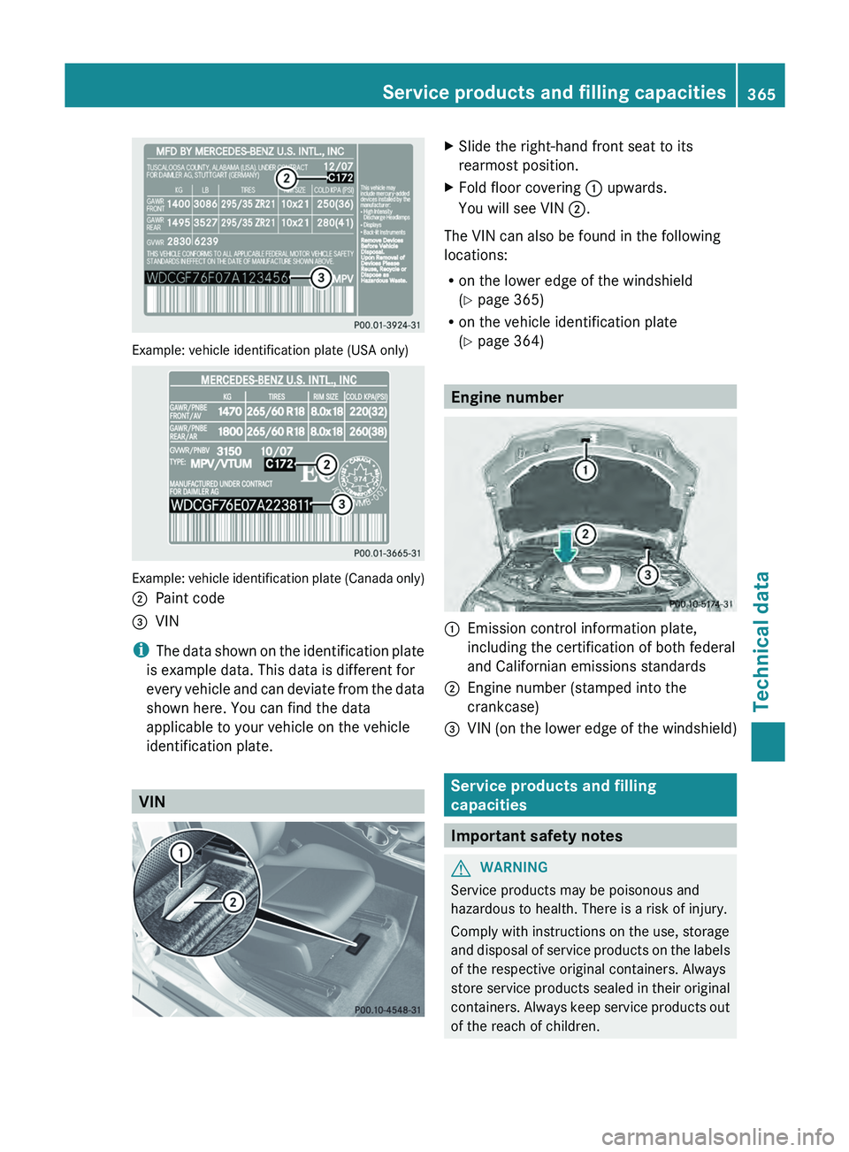 MERCEDES-BENZ GLK-CLASS SUV 2013  Owners Manual Example: vehicle identification plate (USA only)
Example: vehicle identification plate (Canada only)
0044
Paint code
0087 VIN
i The  data shown on 
the 
identification plate
is example data. This data