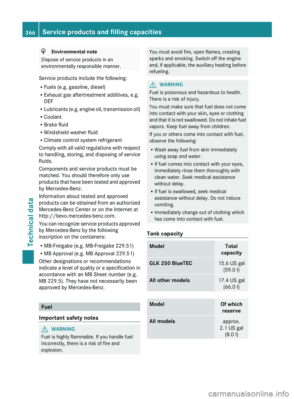 MERCEDES-BENZ GLK-CLASS SUV 2013  Owners Manual H
Environmental note
Dispose of service products in an
environmentally responsible manner.
Service products include the following:
R Fuels (e.g. gasoline, diesel)
R Exhaust gas aftertreatment additive
