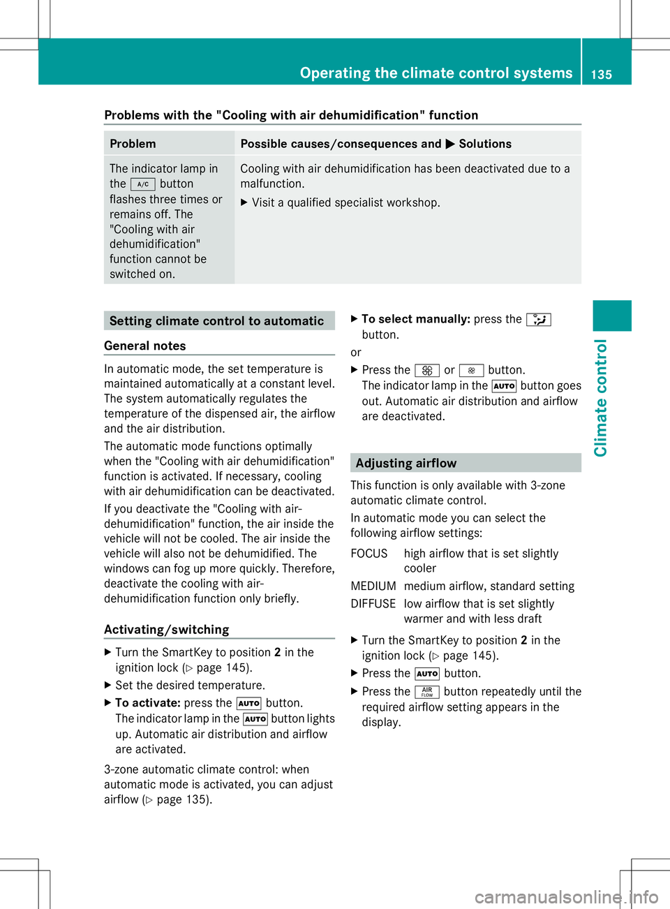 MERCEDES-BENZ GLK-CLASS SUV 2014  Owners Manual Problems with the "Cooling with air dehumidification" function
Problem Possible causes/consequences and
M
MSolutions The indicator lamp in
the
¿ button
flashes three times or
remains off. The