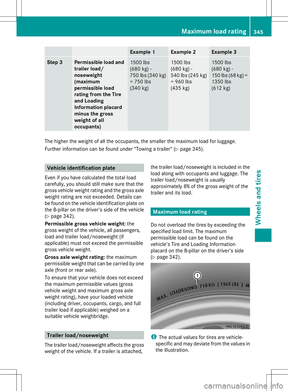 MERCEDES-BENZ GLK-CLASS SUV 2014 Owners Manual Example 1 Example 2 Example 3
Step 3 Permissible load and
trailer load/
noseweight
(maximum
permissible load
rating from the Tire
and Loading
Information placard
minus the gross
weight of all
occupant MERCEDES-BENZ GLK-CLASS SUV 2014 Owners Manual Example 1 Example 2 Example 3
Step 3 Permissible load and
trailer load/
noseweight
(maximum
permissible load
rating from the Tire
and Loading
Information placard
minus the gross
weight of all
occupant