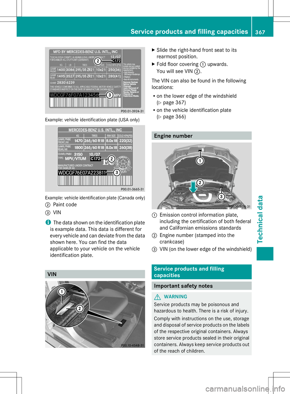 MERCEDES-BENZ GLK-CLASS SUV 2014 Owners Manual Example: vehicle identification plate (USA only)
Example: vehicle identification plate (Canada only)
; Paint code
= VIN
i The data shown on the identification plate
is example data. This data is diffe MERCEDES-BENZ GLK-CLASS SUV 2014 Owners Manual Example: vehicle identification plate (USA only)
Example: vehicle identification plate (Canada only)
; Paint code
= VIN
i The data shown on the identification plate
is example data. This data is diffe