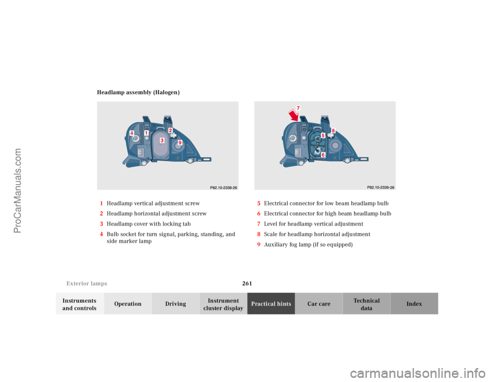 MERCEDES-BENZ M-CLASS 2000  Owners Manual 261 Exterior lamps
Te ch n ica l
data Instruments 
and controlsOperation DrivingInstrument 
cluster displayPractical hintsCar care Index Headlamp assembly (Halogen)
1Headlamp vertical adjustment screw