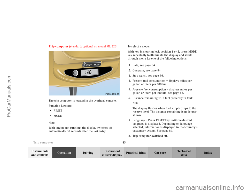 MERCEDES-BENZ M-CLASS 2000 Manual Online 83 Trip computer
Te ch n ica l
data Instruments 
and controlsOperationDrivingInstrument 
cluster displayPractical hints Car care Index Trip computer (standard; optional on model ML 320)
The trip compu