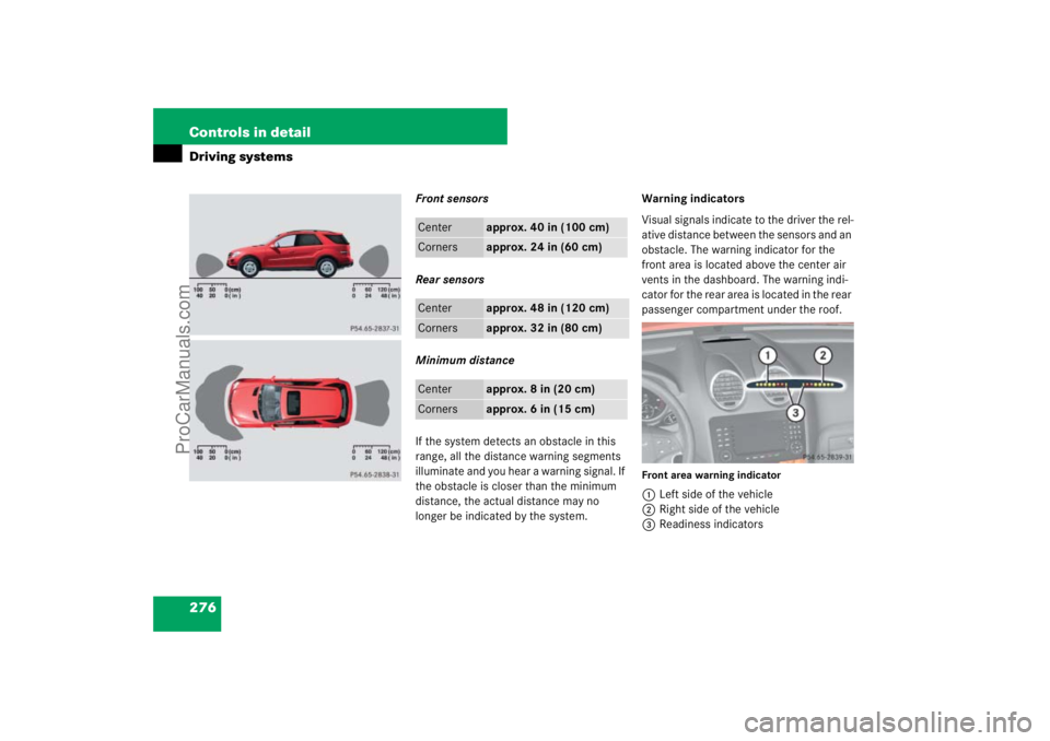 MERCEDES-BENZ M-CLASS 2007  Owners Manual 276 Controls in detailDriving systems
Front sensors
Rear sensors
Minimum distance
If the system detects an obstacle in this 
range, all the distance warning segments 
illuminate and you hear a warning