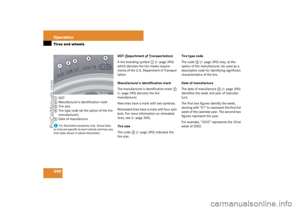 MERCEDES-BENZ M-CLASS 2007  Owners Manual 390 OperationTires and wheels1DOT
2Manufacturer’s identification mark
3Tire size
4Tire type code (at the option of the tire 
manufacturer)
5Date of manufactureDOT (D
epartment o
f T
ransportation)
A