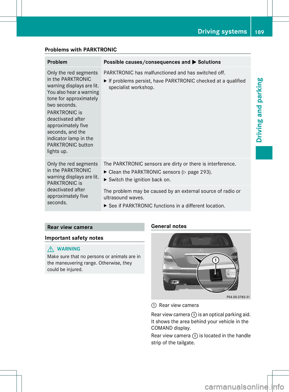 MERCEDES-BENZ R-CLASS FAMILY TOURER 2013  Owners Manual Problems with PARKTRONIC
Problem Possible causes/consequences and
M Solutions
Only the red segments
in the PARKTRONIC
warning displays are lit.
You also hear a warning
tone for approximately
two secon