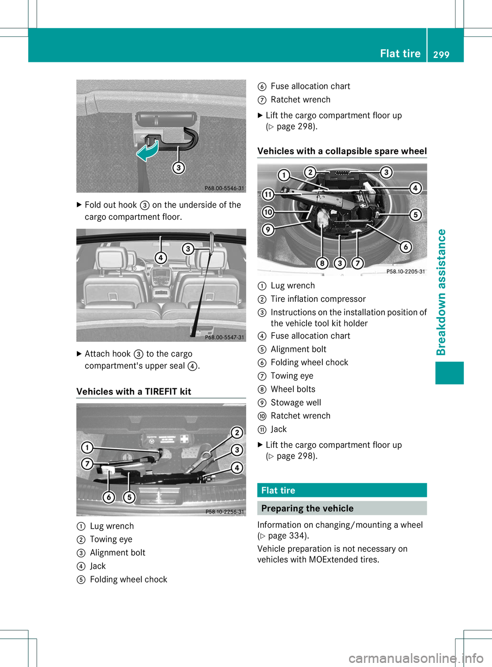 MERCEDES-BENZ R-CLASS FAMILY TOURER 2013 Owners Manual X
Fold ou thook =on the underside of the
cargo compartment floor. X
Attach hook =to the cargo
compartment's upper seal ?.
Vehicles with aTIREFIT kit :
Lug wrench
; Towing eye
= Alignmen tbolt
? Ja MERCEDES-BENZ R-CLASS FAMILY TOURER 2013 Owners Manual X
Fold ou thook =on the underside of the
cargo compartment floor. X
Attach hook =to the cargo
compartment's upper seal ?.
Vehicles with aTIREFIT kit :
Lug wrench
; Towing eye
= Alignmen tbolt
? Ja