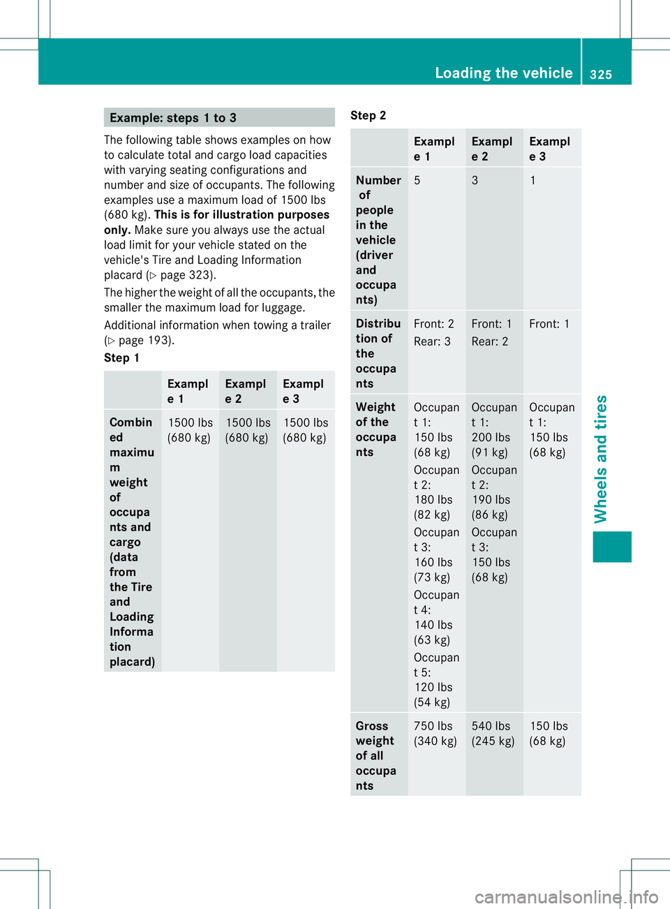 MERCEDES-BENZ R-CLASS FAMILY TOURER 2013 Owners Manual Example: steps 1 to 3
The following table shows examples on how
to calculate total and cargo load capacities
with varying seating configurations and
number and size of occupants. The following
example MERCEDES-BENZ R-CLASS FAMILY TOURER 2013 Owners Manual Example: steps 1 to 3
The following table shows examples on how
to calculate total and cargo load capacities
with varying seating configurations and
number and size of occupants. The following
example