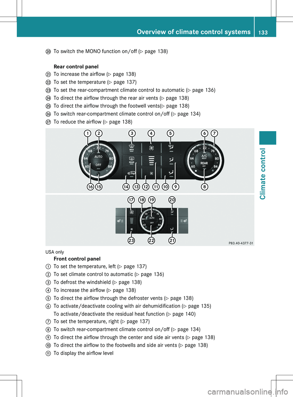 MERCEDES-BENZ R-CLASS FAMILY TOURER 2012  Owners Manual PTo switch the MONO function on/off (Y page 138) Rear control panelQTo increase the airflow ( Y page 138)RTo set the temperature ( Y page 137)STo set the rear-compartment climate control to automatic 
