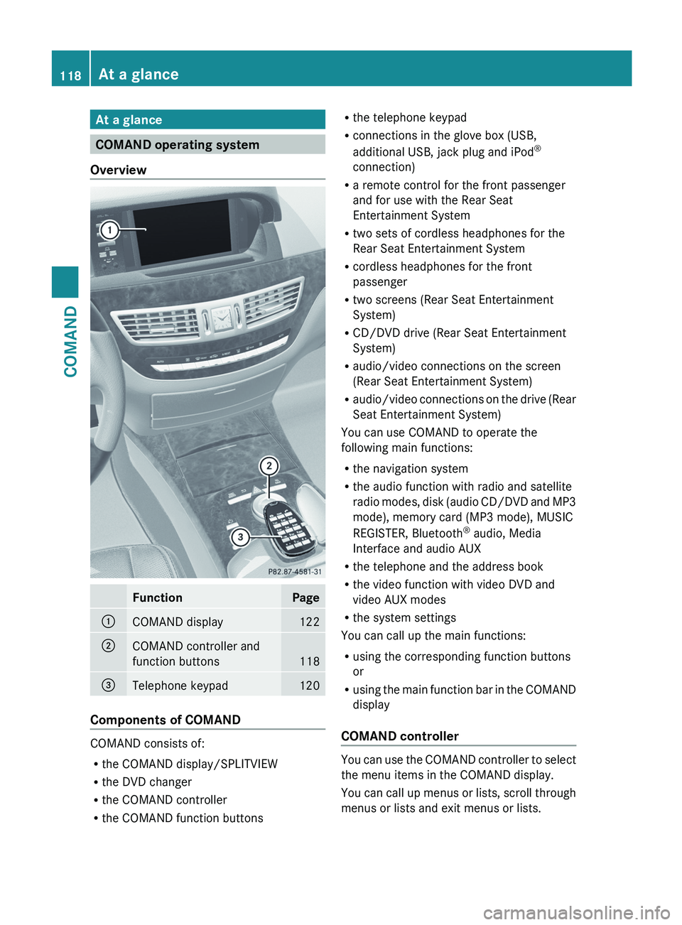 MERCEDES-BENZ S-CLASS SEDAN 2013 Owners Manual At a glance
COMAND operating system
Overview Function Page
:
COMAND display 122
;
COMAND controller and
function buttons
118
=
Telephone keypad 120
Components of COMAND
COMAND consists of:
R
the COMAN MERCEDES-BENZ S-CLASS SEDAN 2013 Owners Manual At a glance
COMAND operating system
Overview Function Page
:
COMAND display 122
;
COMAND controller and
function buttons
118
=
Telephone keypad 120
Components of COMAND
COMAND consists of:
R
the COMAN