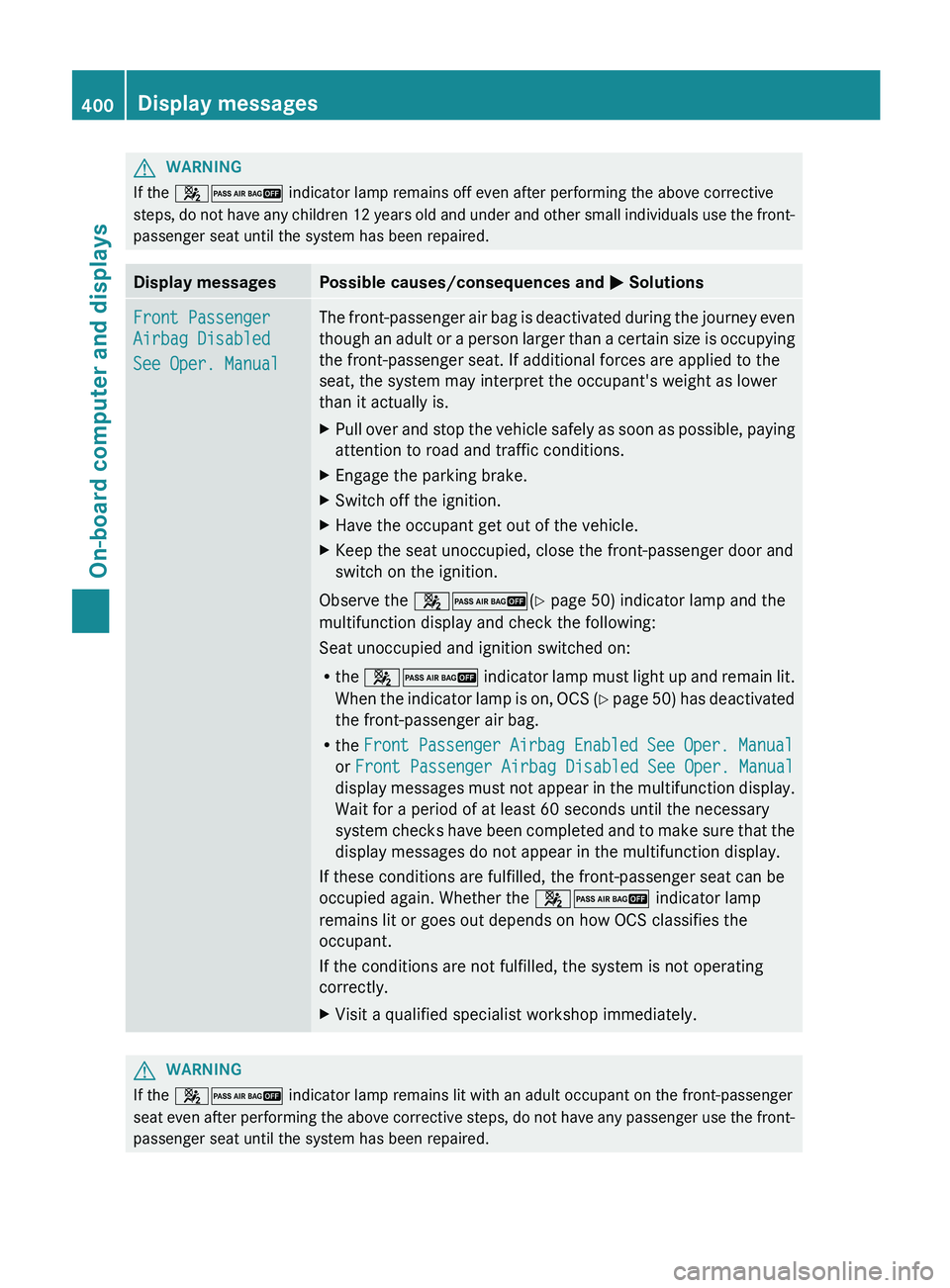 MERCEDES-BENZ S-CLASS SEDAN 2013 Owners Manual G
WARNING
If the 42 indicator lamp remains off even after performing the above corrective
steps, do not have any children 12 years old and under and other small individuals use the front-
passenger MERCEDES-BENZ S-CLASS SEDAN 2013 Owners Manual G
WARNING
If the 42 indicator lamp remains off even after performing the above corrective
steps, do not have any children 12 years old and under and other small individuals use the front-
passenger