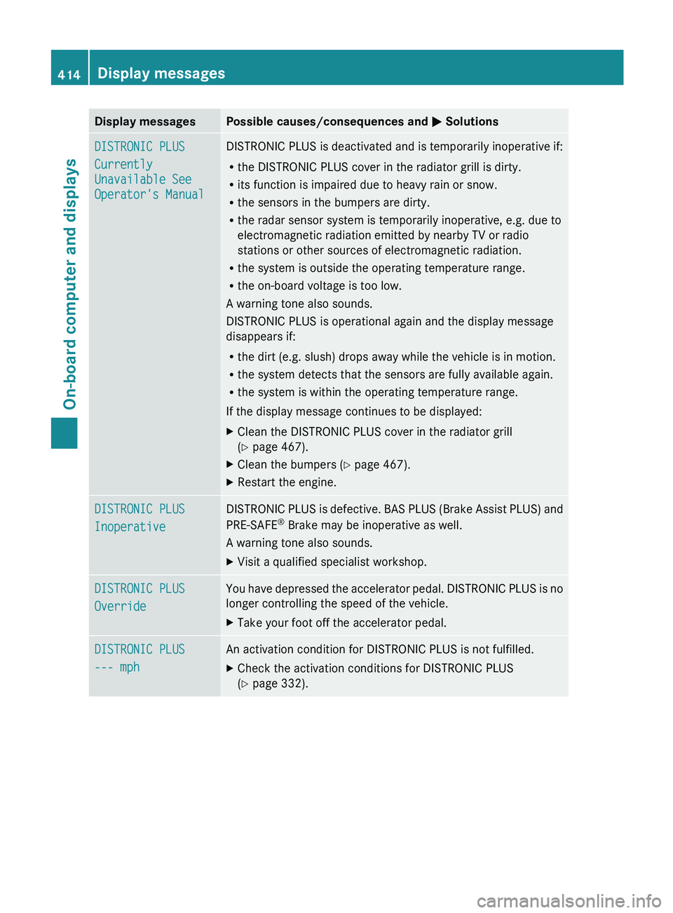 MERCEDES-BENZ S-CLASS SEDAN 2013 Owners Manual Display messages Possible causes/consequences and
M SolutionsDISTRONIC PLUS
Currently
Unavailable See
Operator's Manual DISTRONIC PLUS is deactivated and is temporarily inoperative if:
R
the DI MERCEDES-BENZ S-CLASS SEDAN 2013 Owners Manual Display messages Possible causes/consequences and
M SolutionsDISTRONIC PLUS
Currently
Unavailable See
Operator's Manual DISTRONIC PLUS is deactivated and is temporarily inoperative if:
R
the DI