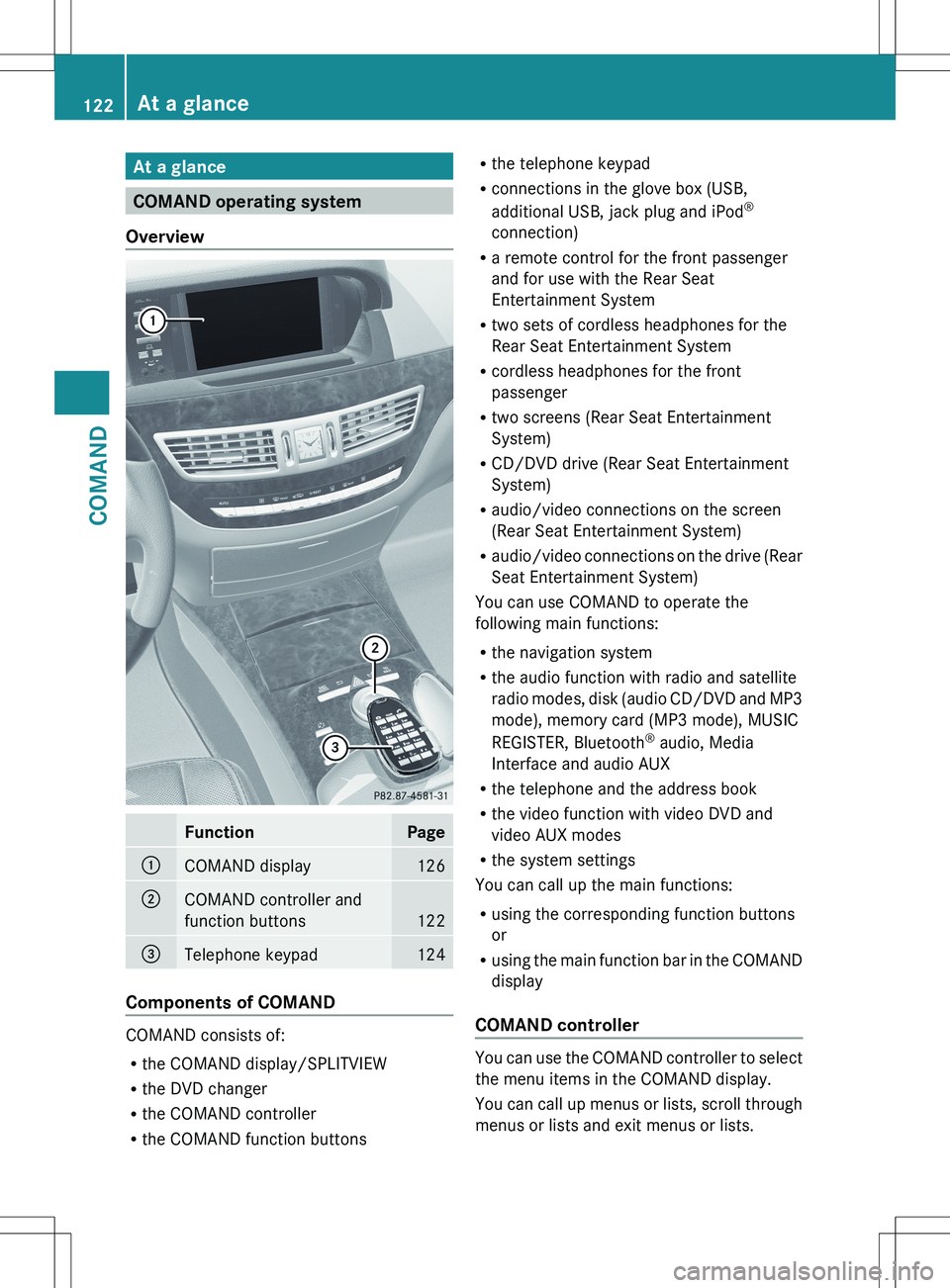 MERCEDES-BENZ S-CLASS SEDAN 2012 Owners Manual At a glance
COMAND operating system
Overview
FunctionPage:COMAND display126;COMAND controller and
function buttons
122
=Telephone keypad124
Components of COMAND
COMAND consists of:
R the COMAND displa MERCEDES-BENZ S-CLASS SEDAN 2012 Owners Manual At a glance
COMAND operating system
Overview
FunctionPage:COMAND display126;COMAND controller and
function buttons
122
=Telephone keypad124
Components of COMAND
COMAND consists of:
R the COMAND displa