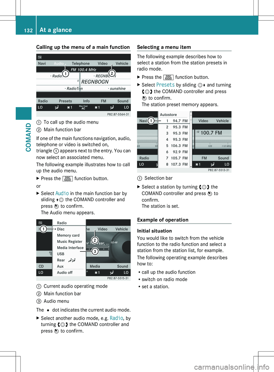 MERCEDES-BENZ S-CLASS SEDAN 2012 Owners Manual Calling up the menu of a main function:To call up the audio menu;Main function bar
If one of the main functions navigation, audio,
telephone or video is switched on,
triangle : appears next to the en MERCEDES-BENZ S-CLASS SEDAN 2012 Owners Manual Calling up the menu of a main function:To call up the audio menu;Main function bar
If one of the main functions navigation, audio,
telephone or video is switched on,
triangle : appears next to the en