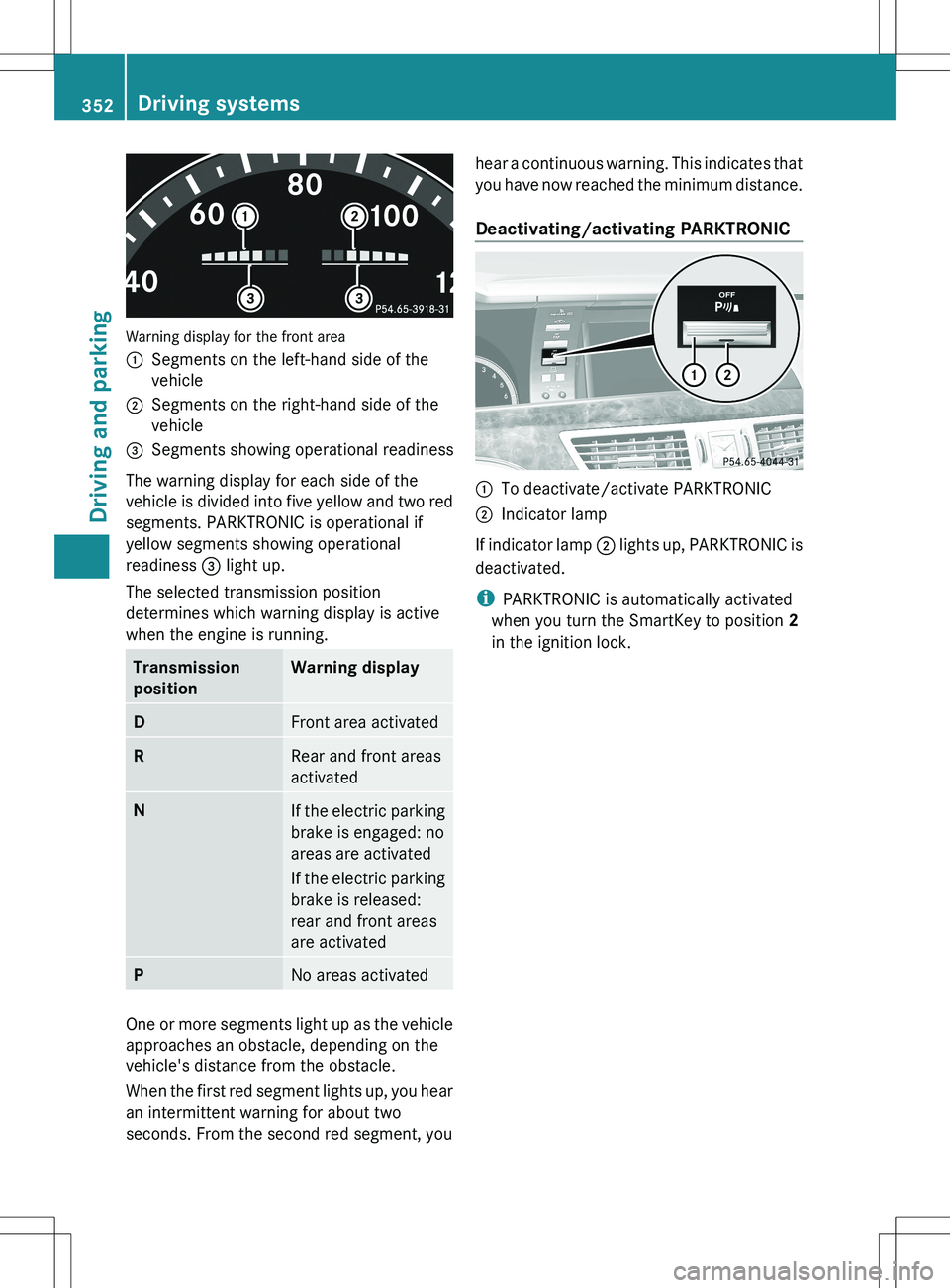 MERCEDES-BENZ S-CLASS SEDAN 2012 Owners Manual Warning display for the front area
:Segments on the left-hand side of the
vehicle;Segments on the right-hand side of the
vehicle=Segments showing operational readiness
The warning display for each sid MERCEDES-BENZ S-CLASS SEDAN 2012 Owners Manual Warning display for the front area
:Segments on the left-hand side of the
vehicle;Segments on the right-hand side of the
vehicle=Segments showing operational readiness
The warning display for each sid