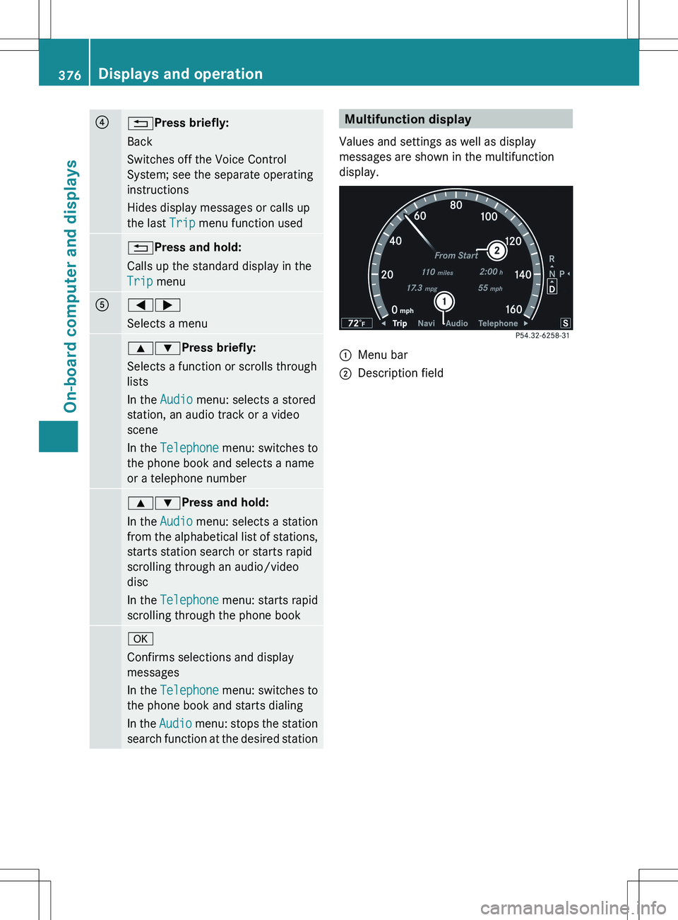 MERCEDES-BENZ S-CLASS SEDAN 2012 Owners Manual ?%Press briefly:
Back
Switches off the Voice Control
System; see the separate operating
instructions
Hides display messages or calls up
the last Trip menu function used% Press and hold:
Calls up the MERCEDES-BENZ S-CLASS SEDAN 2012 Owners Manual ?%Press briefly:
Back
Switches off the Voice Control
System; see the separate operating
instructions
Hides display messages or calls up
the last Trip menu function used% Press and hold:
Calls up the