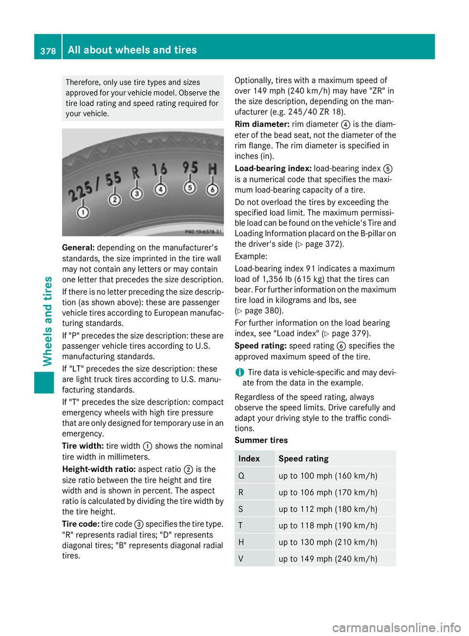 MERCEDES-BENZ S-COUPE 2016  Owners Manual Therefore, only use tire types and sizes
approved for your vehicle model. Observe the
tire load rating and speed rating required for
your vehicle.
General:depending on the manufacturer's
standards