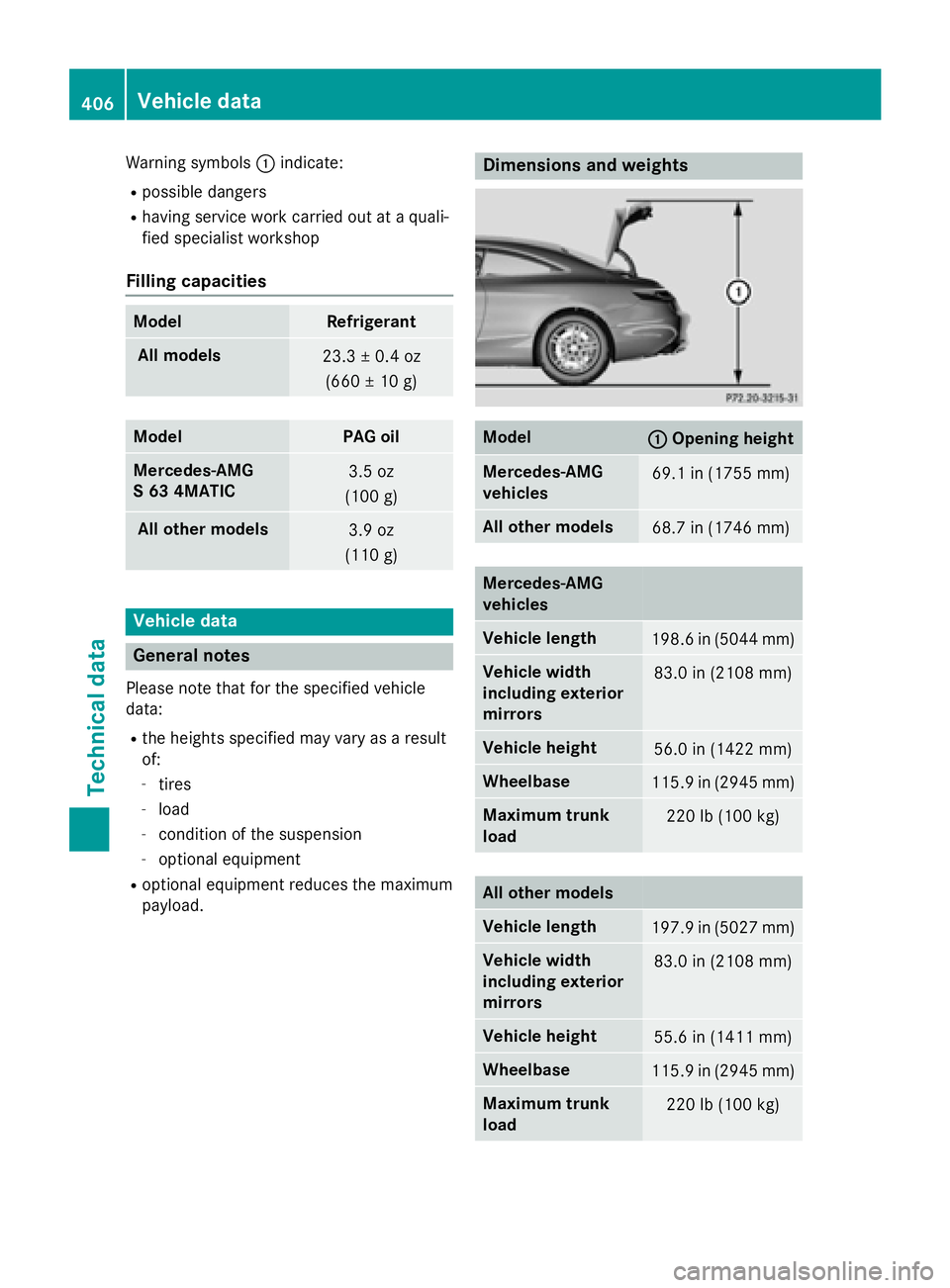 MERCEDES-BENZ S-COUPE 2016 Owners Manual Warning symbols:indicate:
Rpossible dangers
Rhaving service work carried out at a quali-
fied specialist workshop
Filling capacities
ModelRefrigerant
All models23.3 ± 0.4 oz
(660 ± 10 g)
ModelPAG oi MERCEDES-BENZ S-COUPE 2016 Owners Manual Warning symbols:indicate:
Rpossible dangers
Rhaving service work carried out at a quali-
fied specialist workshop
Filling capacities
ModelRefrigerant
All models23.3 ± 0.4 oz
(660 ± 10 g)
ModelPAG oi