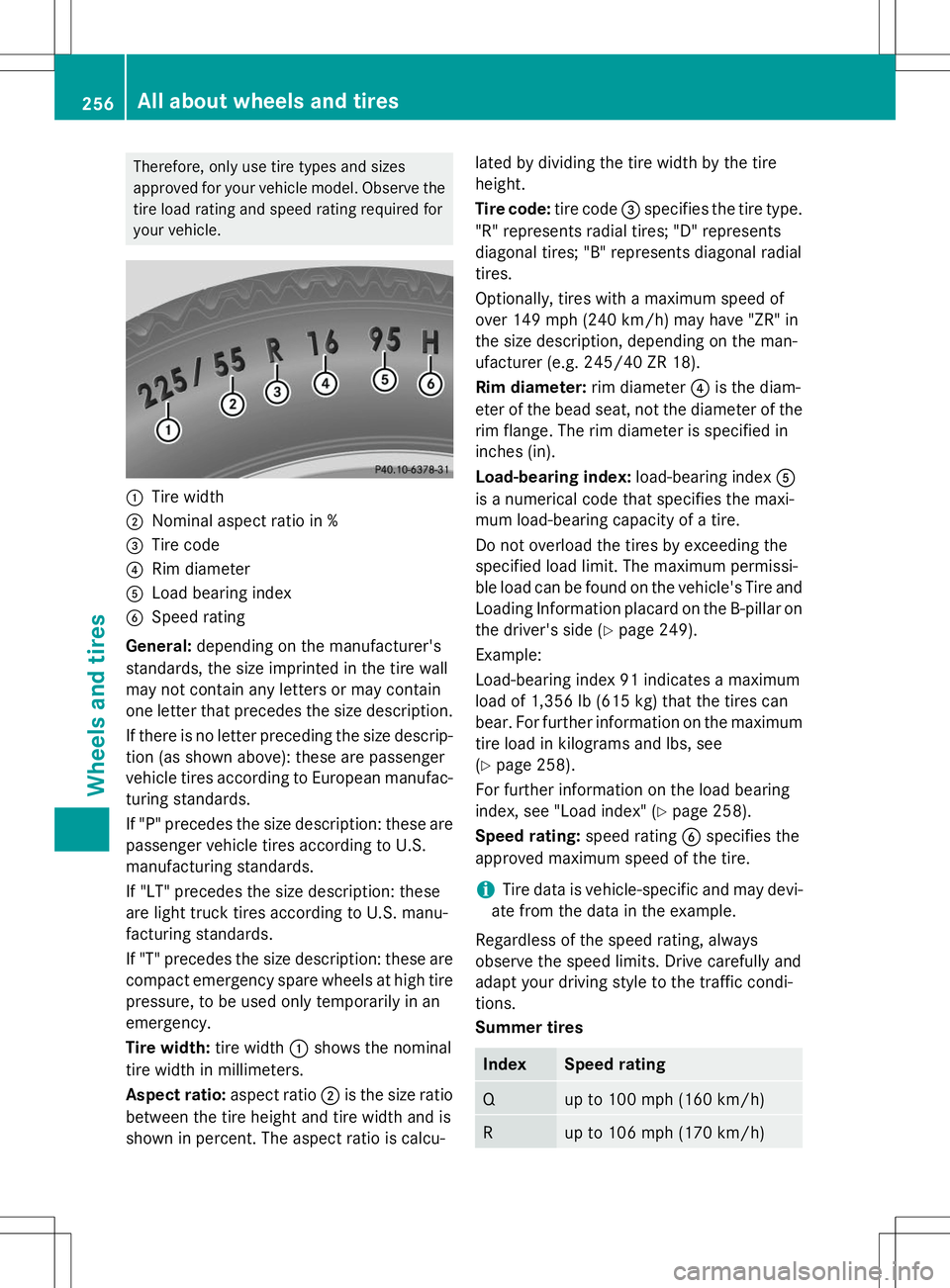 MERCEDES-BENZ S-COUPE 2015 Owners Manual Therefore, only use tire types and sizes
approved for your vehicle model. Observe the
tire load rating and speed rating required for
your vehicle.
:Tire width
;Nominal aspect ratio in %
=Tire code
?R MERCEDES-BENZ S-COUPE 2015 Owners Manual Therefore, only use tire types and sizes
approved for your vehicle model. Observe the
tire load rating and speed rating required for
your vehicle.
:Tire width
;Nominal aspect ratio in %
=Tire code
?R