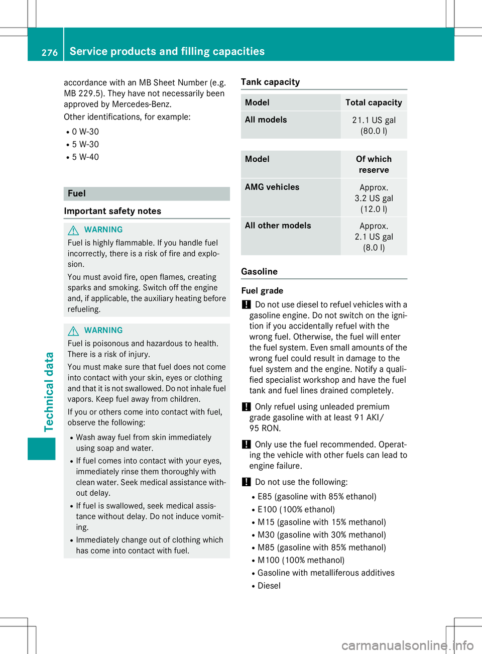 MERCEDES-BENZ S-COUPE 2015 Owners Manual accordance with an MB Sheet Number (e.g.
MB 229.5). They have not necessarily been
approved by Mercedes-Benz.
Other identifications, for example:R 0 W-30
R 5 W-30
R 5 W-40
Fuel
Important safety note MERCEDES-BENZ S-COUPE 2015 Owners Manual accordance with an MB Sheet Number (e.g.
MB 229.5). They have not necessarily been
approved by Mercedes-Benz.
Other identifications, for example:R 0 W-30
R 5 W-30
R 5 W-40
Fuel
Important safety note