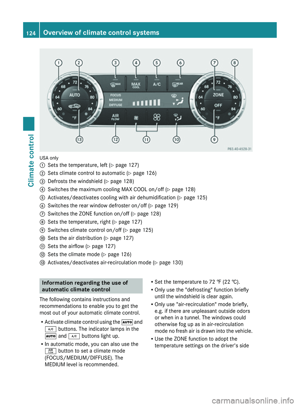 MERCEDES-BENZ SL-CLASS ROADSTER 2013  Owners Manual USA only
:
Sets the temperature, left ( Y page 127)
; Sets climate control to automatic (Y page 126)
= Defrosts the windshield ( Y page 128)
? Switches the maximum cooling MAX COOL on/off (Y page 128)