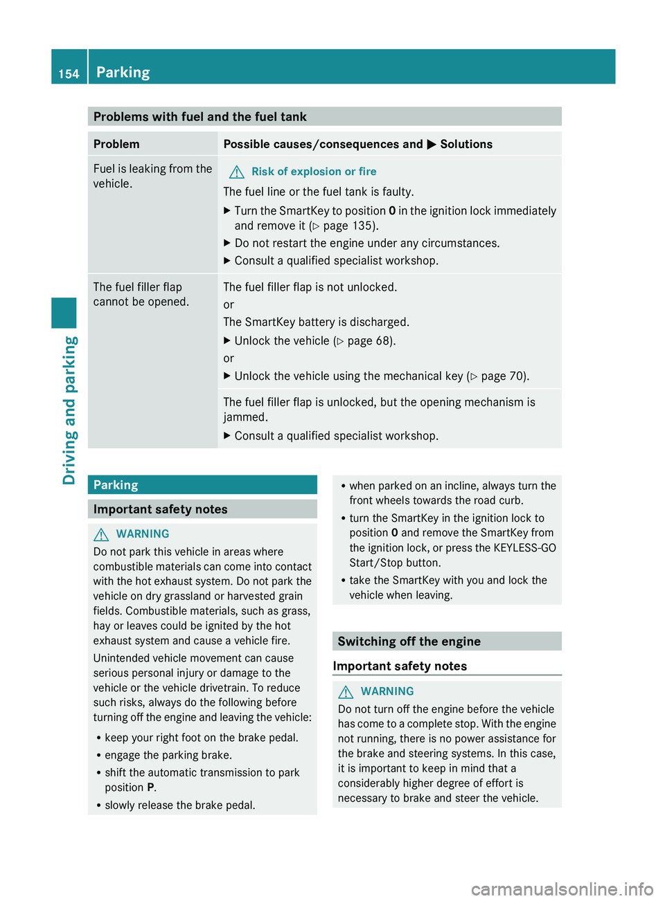 MERCEDES-BENZ SL-CLASS ROADSTER 2013  Owners Manual Problems with fuel and the fuel tank
Problem Possible causes/consequences and 
M  Solutions
Fuel  is leaking from the
vehicle. G
Risk of explosion or fire
The fuel line or the fuel tank is faulty.
X T