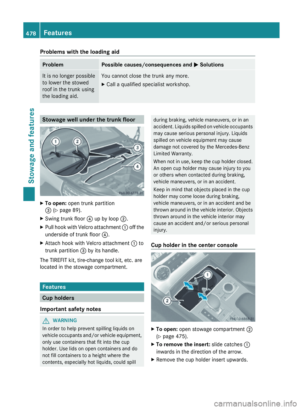 MERCEDES-BENZ SL-CLASS ROADSTER 2013  Owners Manual Problems with the loading aid
Problem Possible causes/consequences and 
M SolutionsIt is no longer possible
to lower the stowed
roof in the trunk using
the loading aid. You cannot close the trunk any 