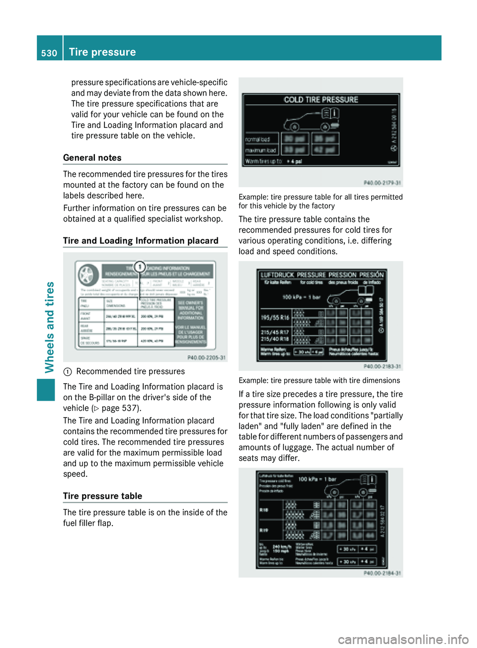 MERCEDES-BENZ SL-CLASS ROADSTER 2013 Owners Manual pressure specifications are vehicle-specific
and
may
deviate from the data shown here.
The tire pressure specifications that are
valid for your vehicle can be found on the
Tire and Loading Informati MERCEDES-BENZ SL-CLASS ROADSTER 2013 Owners Manual pressure specifications are vehicle-specific
and
may
deviate from the data shown here.
The tire pressure specifications that are
valid for your vehicle can be found on the
Tire and Loading Informati
