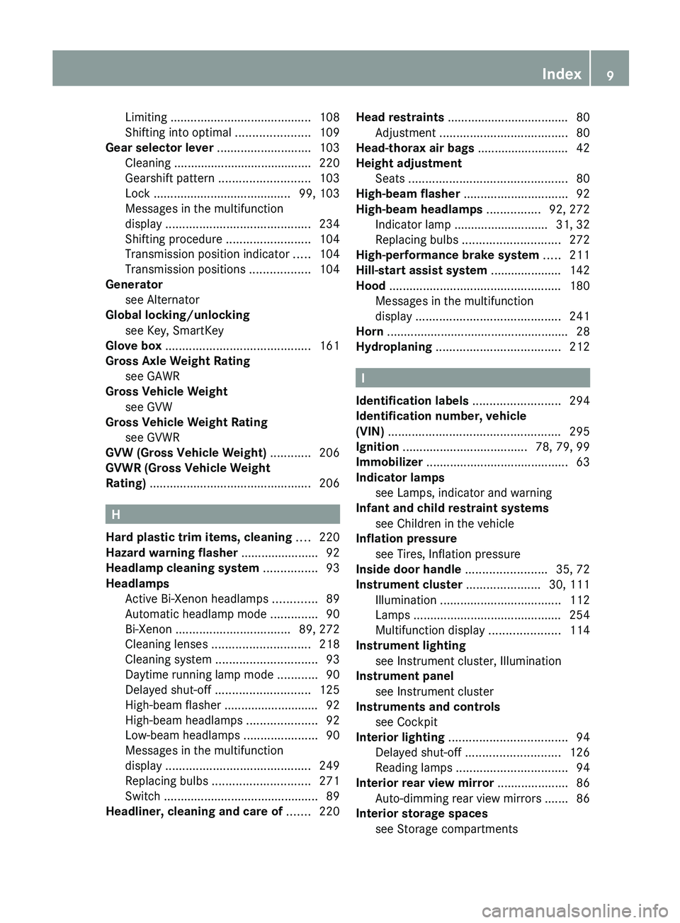 MERCEDES-BENZ SL-CLASS ROADSTER 2012 User Guide Limiting .......................................... 108
Shifting into optimal  ......................109
Gear selector lever  ............................ 103
Cleaning ................................
