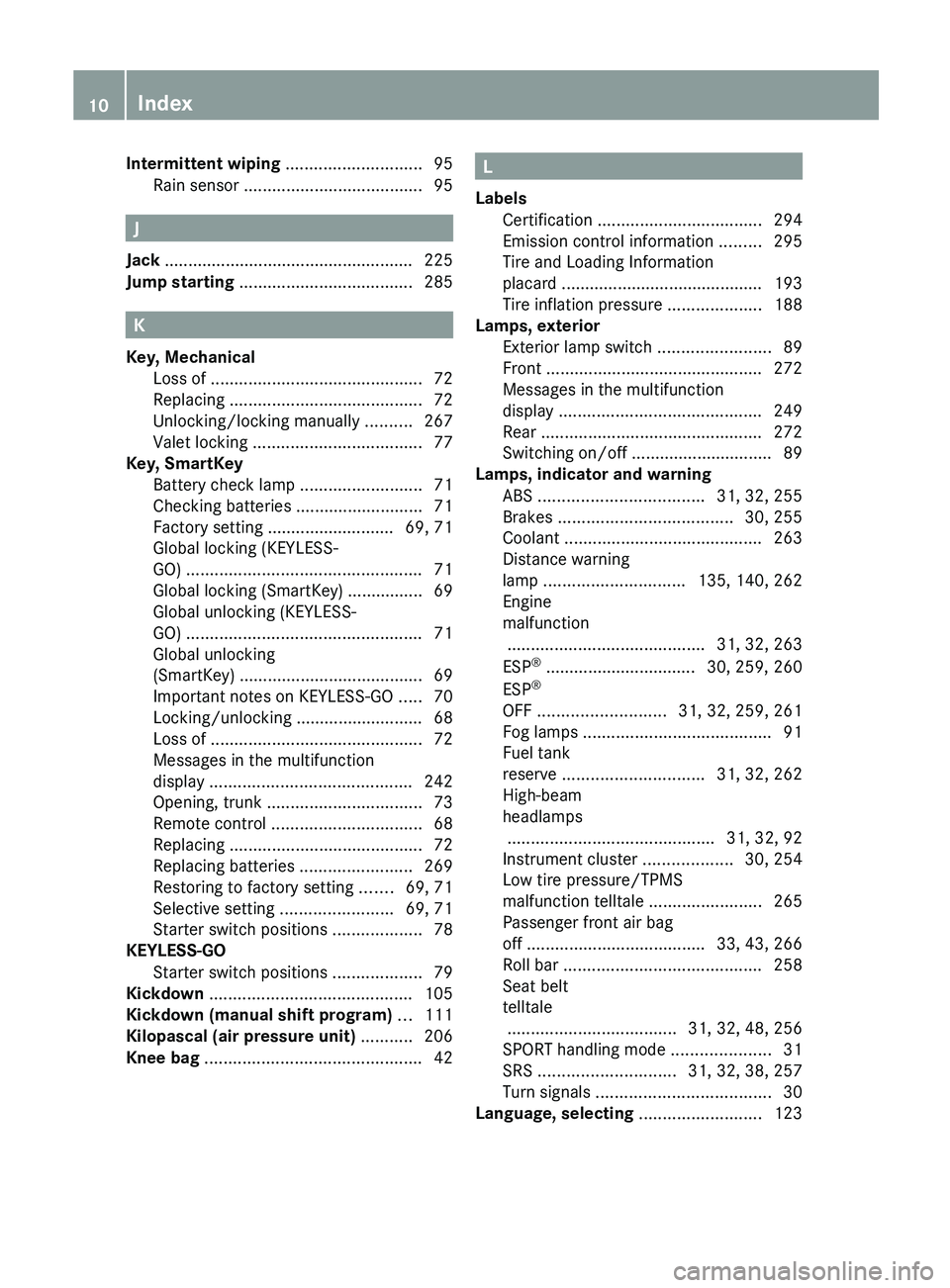 MERCEDES-BENZ SL-CLASS ROADSTER 2012 User Guide Intermittent wiping ............................. 95
Rain sensor  ...................................... 95
J
Jack  ..................................................... 225
Jump starting  ...........