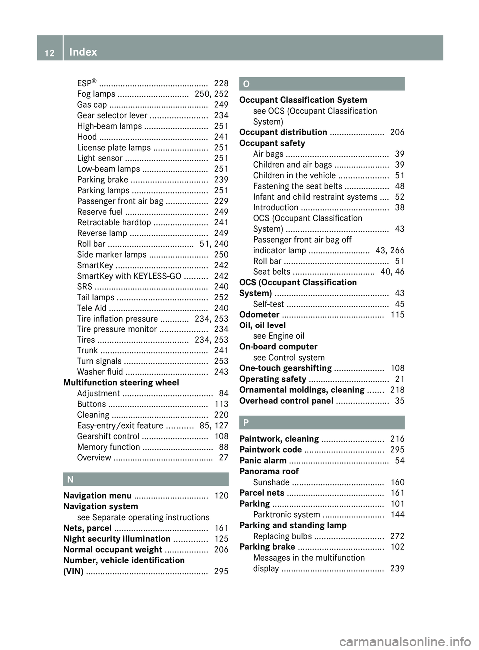 MERCEDES-BENZ SL-CLASS ROADSTER 2012 User Guide ESP®
 .............................................. 228
Fog lamps  .............................. 250, 252
Gas cap .......................................... 249
Gear selector lever  ...............