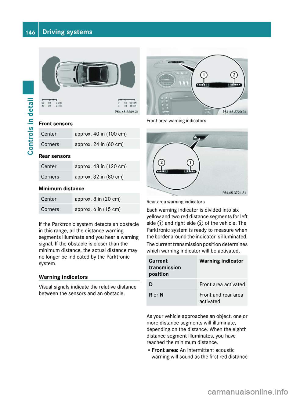 MERCEDES-BENZ SL-CLASS ROADSTER 2012  Owners Manual Front sensors
Centerapprox. 40 in (100 cm)Cornersapprox. 24 in (60 cm)
Rear sensors
Centerapprox. 48 in (120 cm)Cornersapprox. 32 in (80 cm)
Minimum distance 
Centerapprox. 8 in (20 cm)Cornersapprox. 