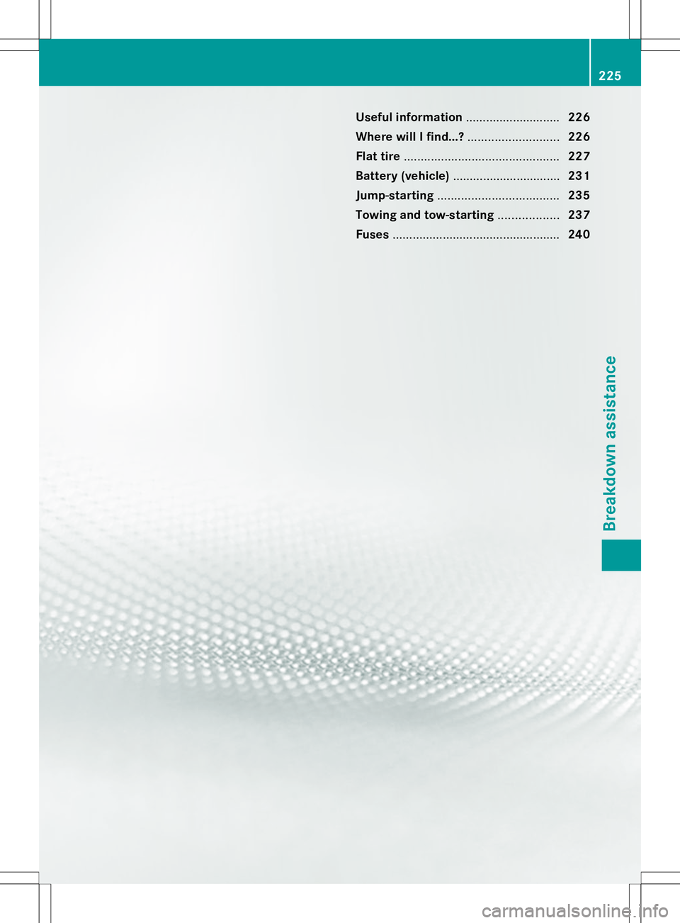 MERCEDES-BENZ SL-CLASS ROADSTER 2014 Owners Manual Useful information
............................226
Where will I find...? ...........................226
Flat tire .............................................. 227
Battery (vehicle) ................. MERCEDES-BENZ SL-CLASS ROADSTER 2014 Owners Manual Useful information
............................226
Where will I find...? ...........................226
Flat tire .............................................. 227
Battery (vehicle) .................