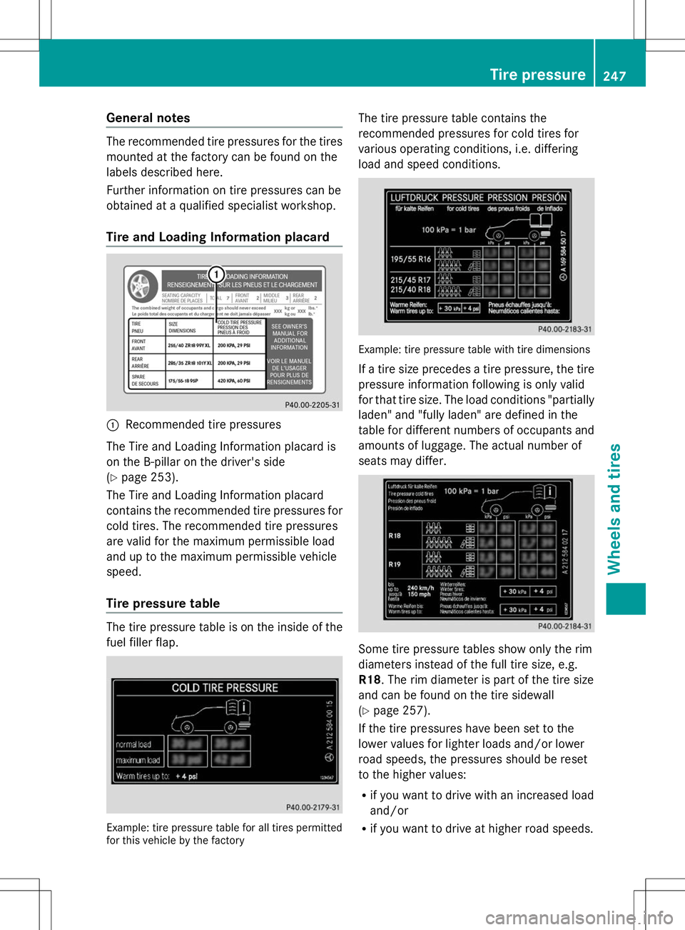 MERCEDES-BENZ SL-CLASS ROADSTER 2014 Owners Manual General notes
The recommended tire pressures for the tires
mounted at the factory can be found on the
labels described here.
Further information on tire pressures can be
obtained at a qualified specia MERCEDES-BENZ SL-CLASS ROADSTER 2014 Owners Manual General notes
The recommended tire pressures for the tires
mounted at the factory can be found on the
labels described here.
Further information on tire pressures can be
obtained at a qualified specia