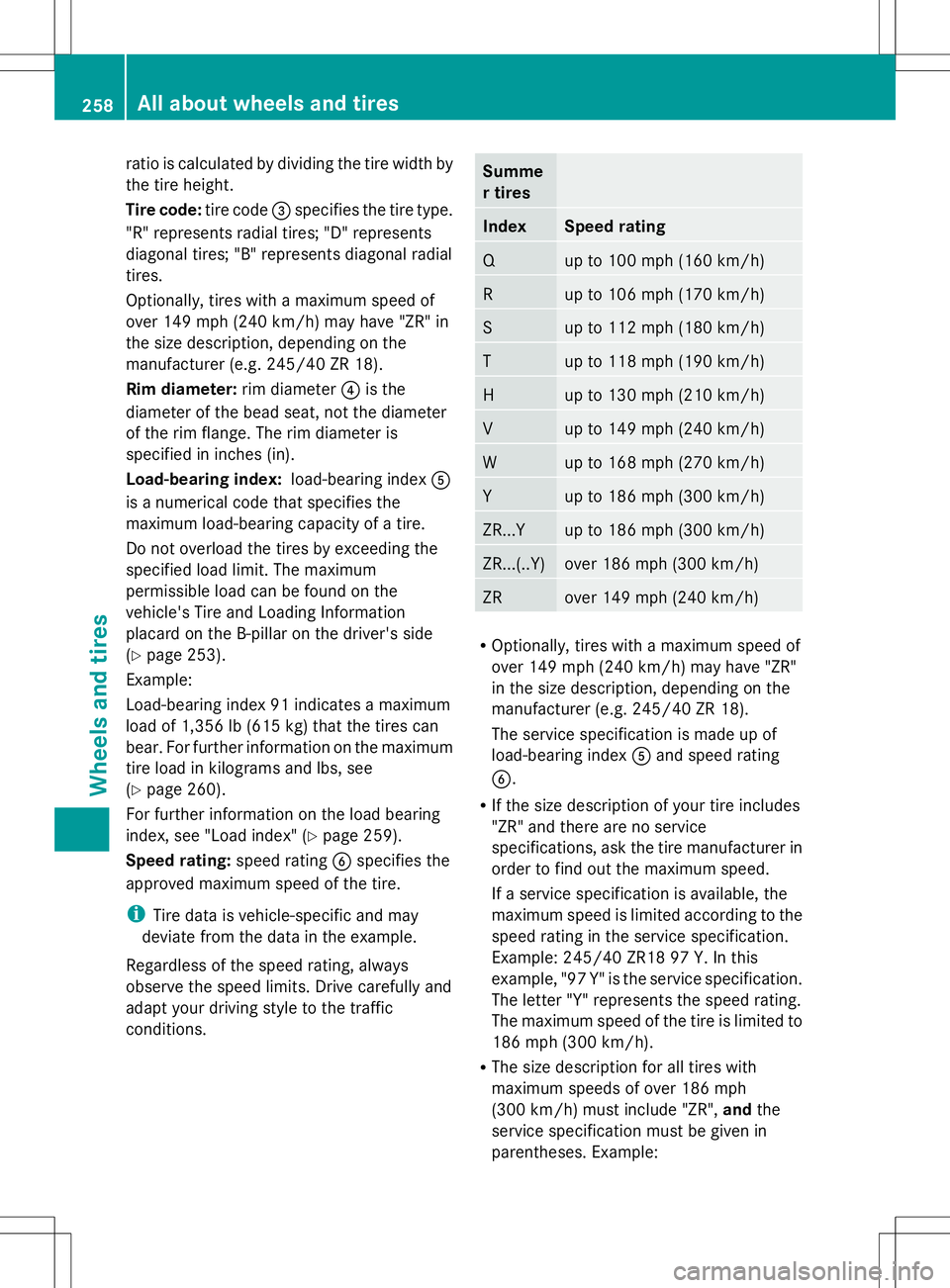 MERCEDES-BENZ SL-CLASS ROADSTER 2014 Owners Manual ratio is calculated by dividing the tire width by
the tire height.
Tire code: tire code=specifies the tire type.
"R" represents radial tires; "D" represents
diagonal tires; "B" MERCEDES-BENZ SL-CLASS ROADSTER 2014 Owners Manual ratio is calculated by dividing the tire width by
the tire height.
Tire code: tire code=specifies the tire type.
"R" represents radial tires; "D" represents
diagonal tires; "B"