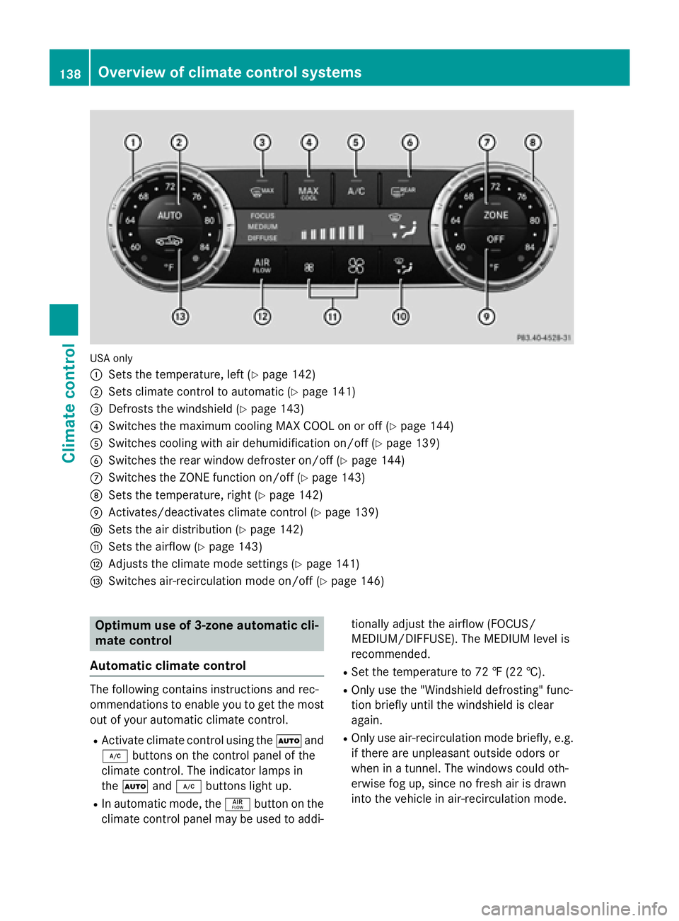 MERCEDES-BENZ SL-CLASS ROADSTER 2016  Owners Manual USA only
:
Sets the temperature, left (Ypage 142)
;Sets climate control to automatic (Ypage 141)
=Defrosts the windshield (Ypage 143)
?Switches the maximum cooling MAX COOL on or off (Ypage 144)
ASwit