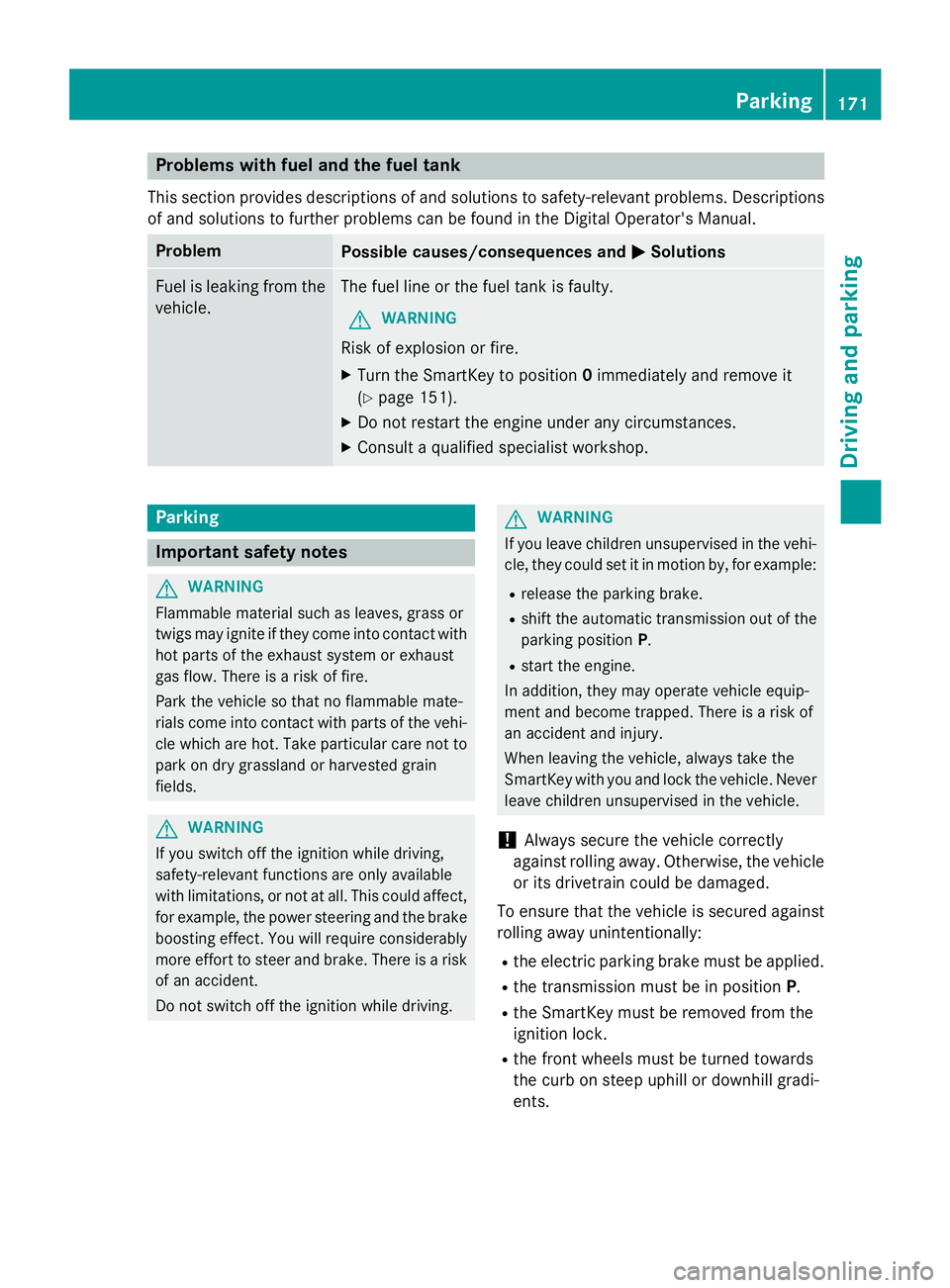 MERCEDES-BENZ SL-CLASS ROADSTER 2016  Owners Manual Problems with fuel and the fuel tank
This section provides descriptions of and solutions to safety-relevant problems. Descriptions
of and solutions to further problems can be found in the Digital Oper
