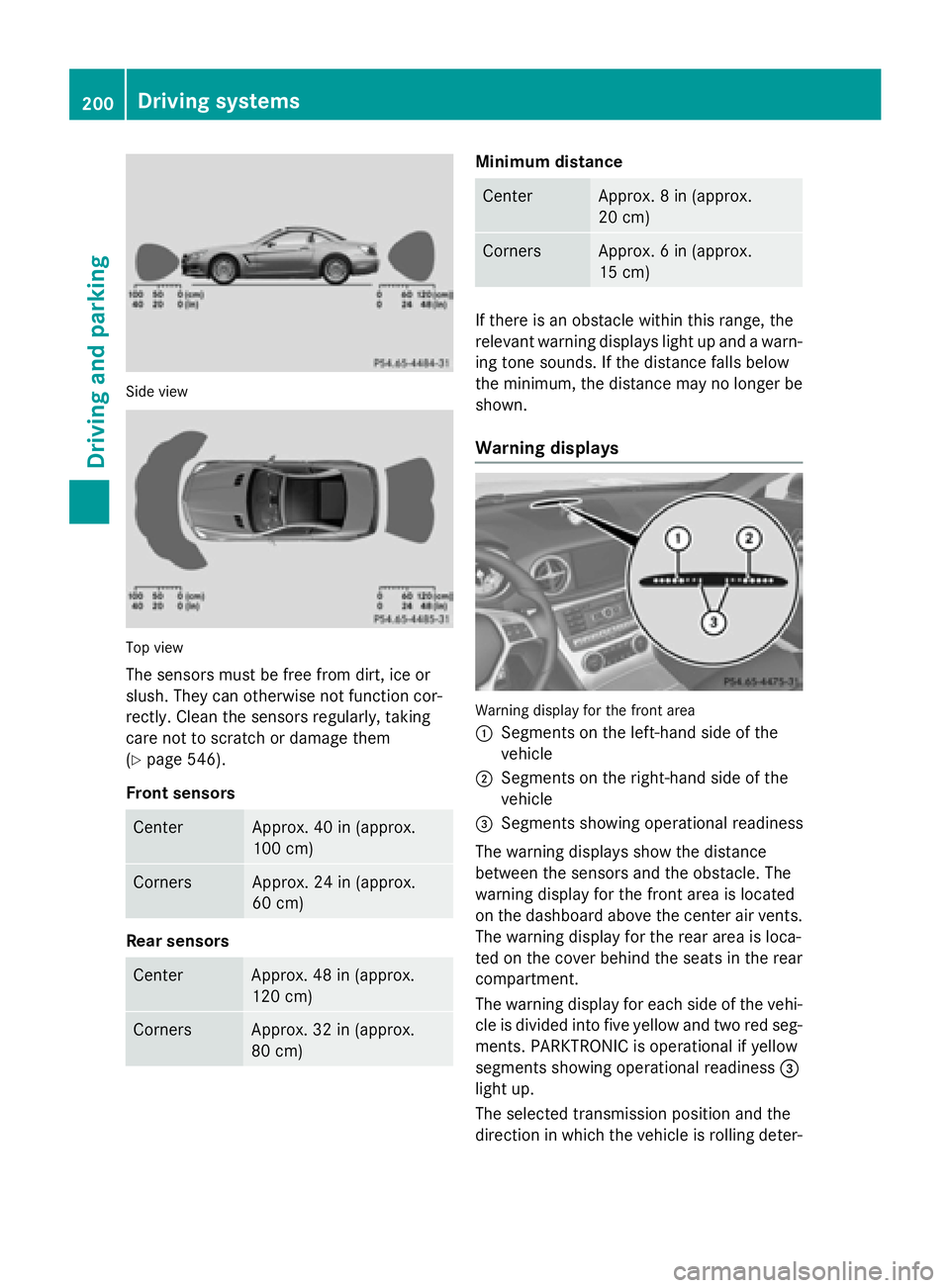 MERCEDES-BENZ SL-CLASS ROADSTER 2016 Owners Manual Side view
Top view
The sensors must be free from dirt, ice or
slush. They can otherwise not function cor-
rectly. Clean the sensors regularly, taking
care not to scratch or damage them
(
Ypage 546).
F MERCEDES-BENZ SL-CLASS ROADSTER 2016 Owners Manual Side view
Top view
The sensors must be free from dirt, ice or
slush. They can otherwise not function cor-
rectly. Clean the sensors regularly, taking
care not to scratch or damage them
(
Ypage 546).
F
