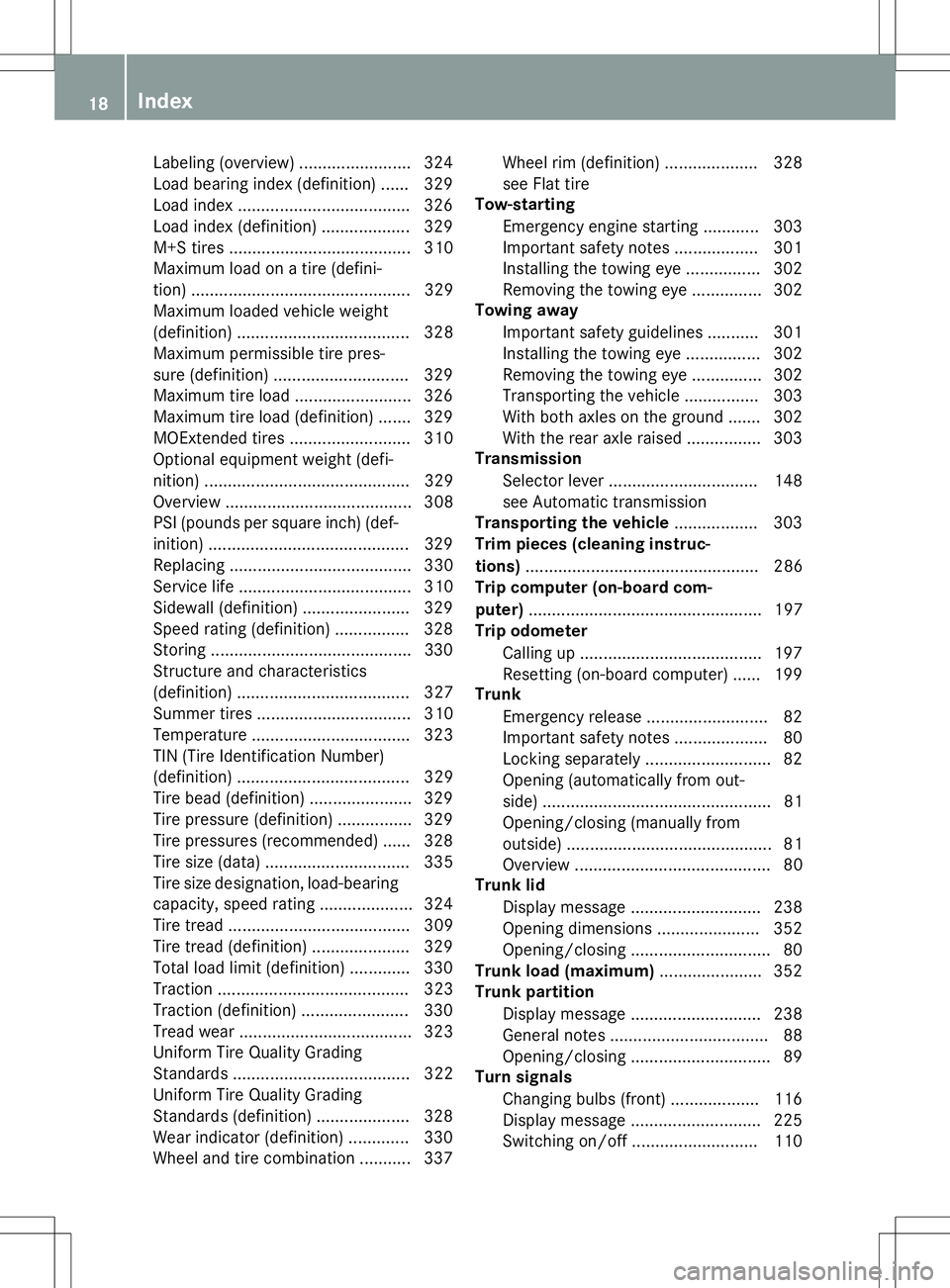 MERCEDES-BENZ SLK-CLASS ROADSTER 2016 User Guide Labeling (overview) ........................ 324
Load bearing index (definition) ...... 329
Load index .....................................326
Load index (definition) ................... 329
M+S tire